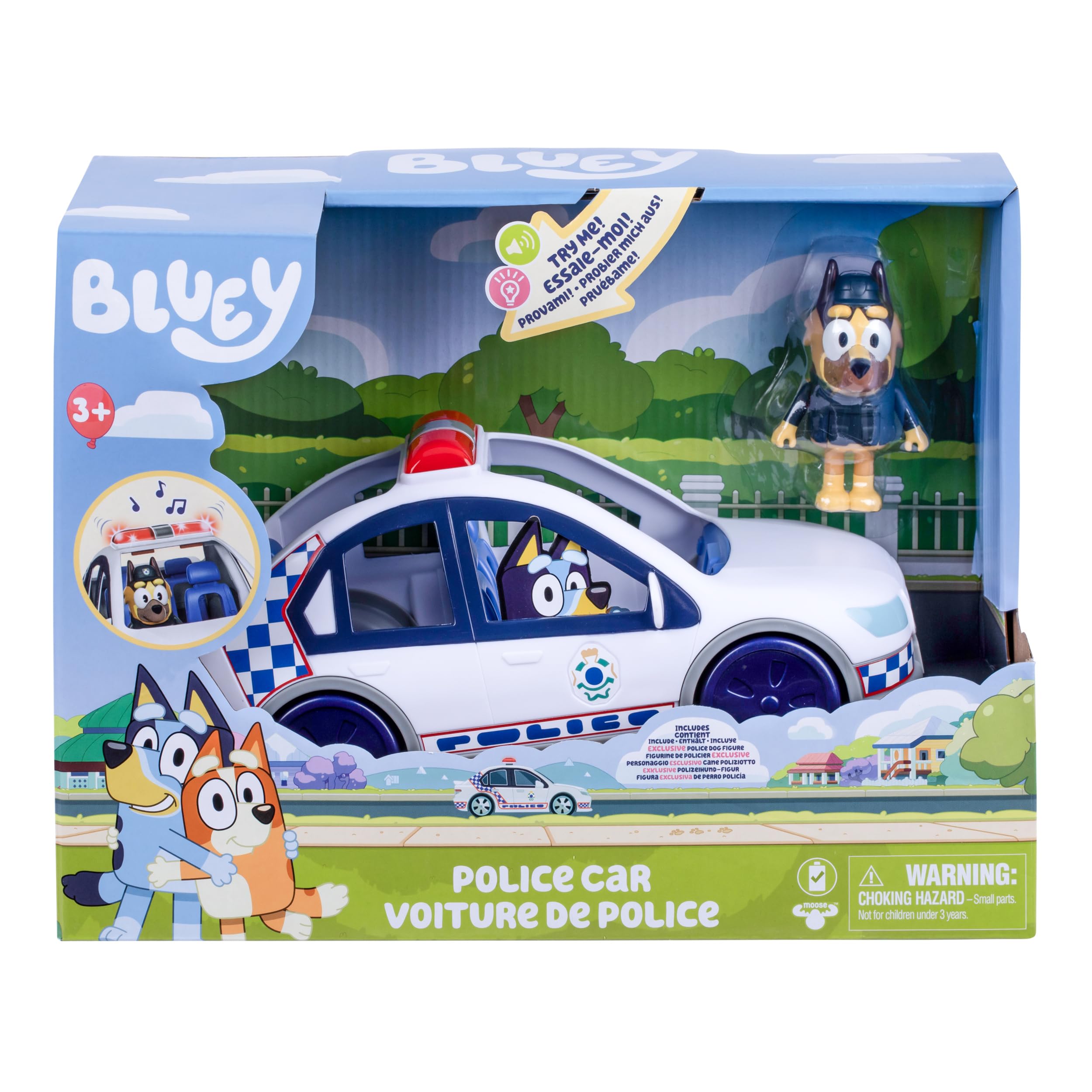 Coche de policía de Bluey; vehículo del Episodio Especial El Cartel; Incluye un Coche de con Luces y Sonidos, una Figura de y una Hoja de Pegatinas temáticas; Pilas Incluidas