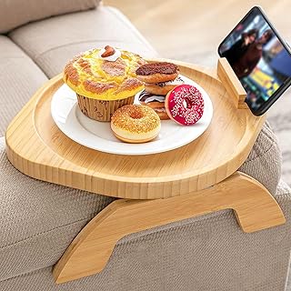 WOPPLXY Sofa Arm Tray Table - Wooden Round Couch Arm Table Stable with Mobile Holder - Foldable Armrest Tray for Eating, Drinking and Remote Control