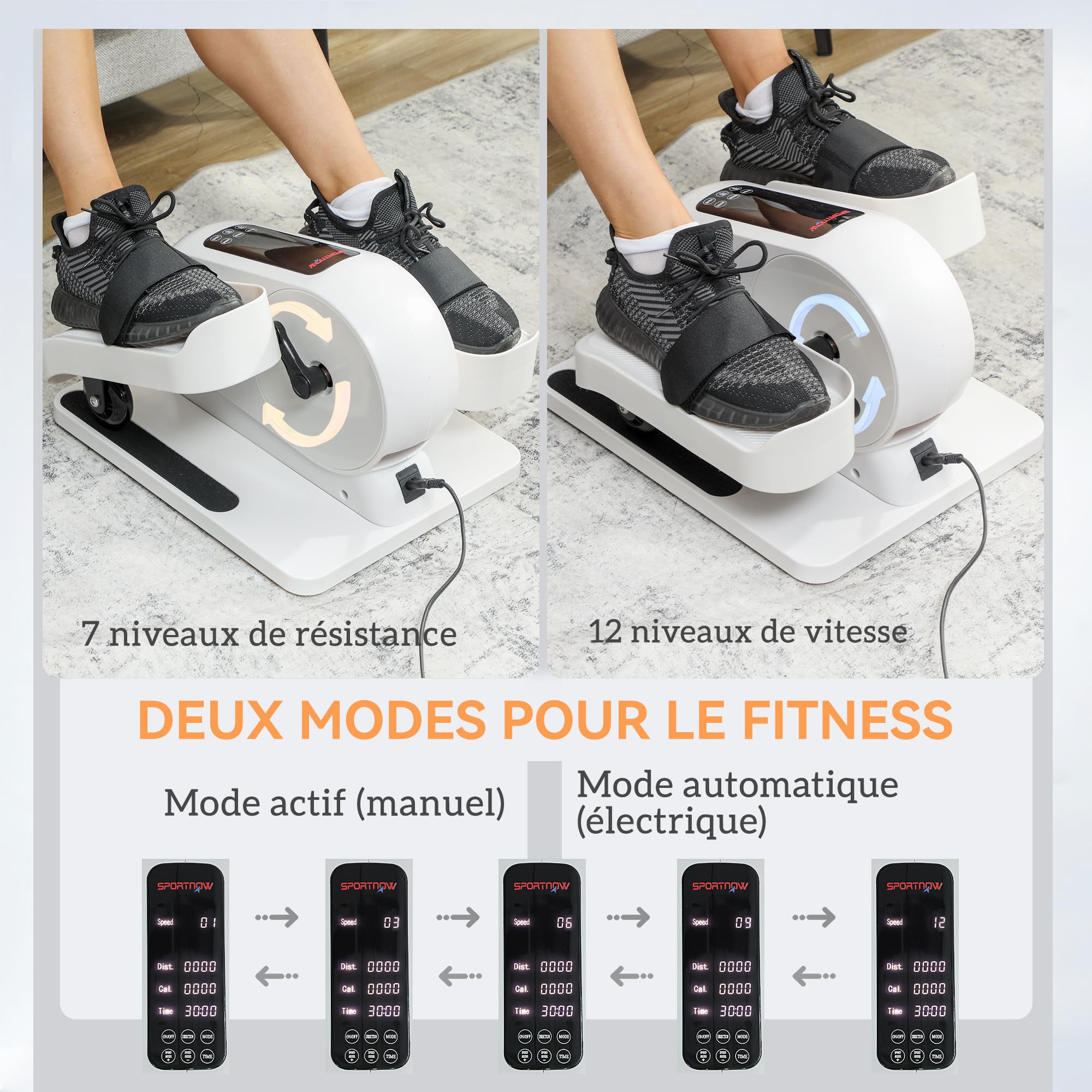 SPORTNOW Pedalier d'appartement, elliptique de Bureau, Mini vélo elliptique électrique Assis avec écran LED, télécommande et 12 Vitesses réglables, Silencieux et Portable pour Les Seniors, Blanc