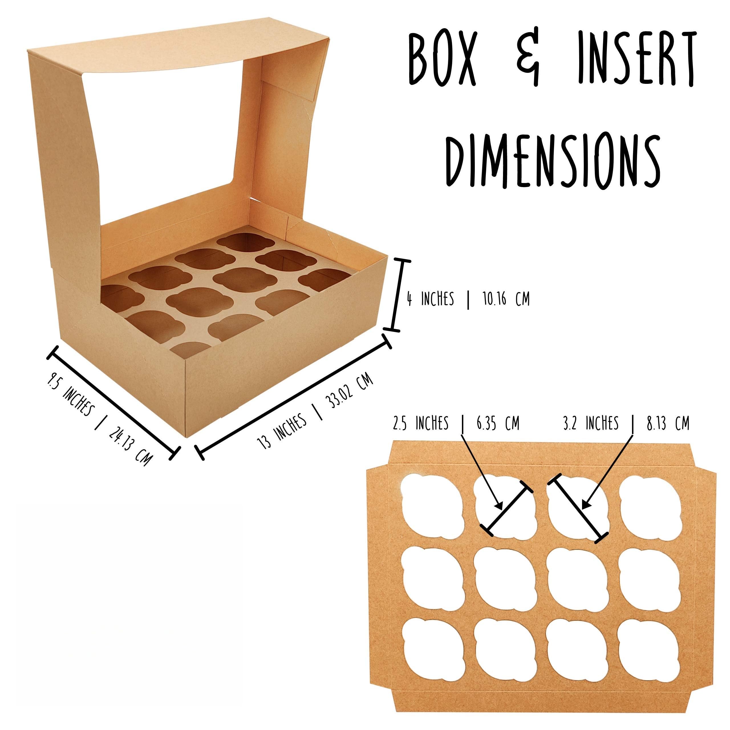 Cajas para cupcakes Kraft Bakery con ventana, 33 x 24 x 10 cm, paquete de 12 recipientes de transporte + 12 insertos para cupcakes, cajas rectangulares para tartas, gruesas y resistentes, 400 g/m²