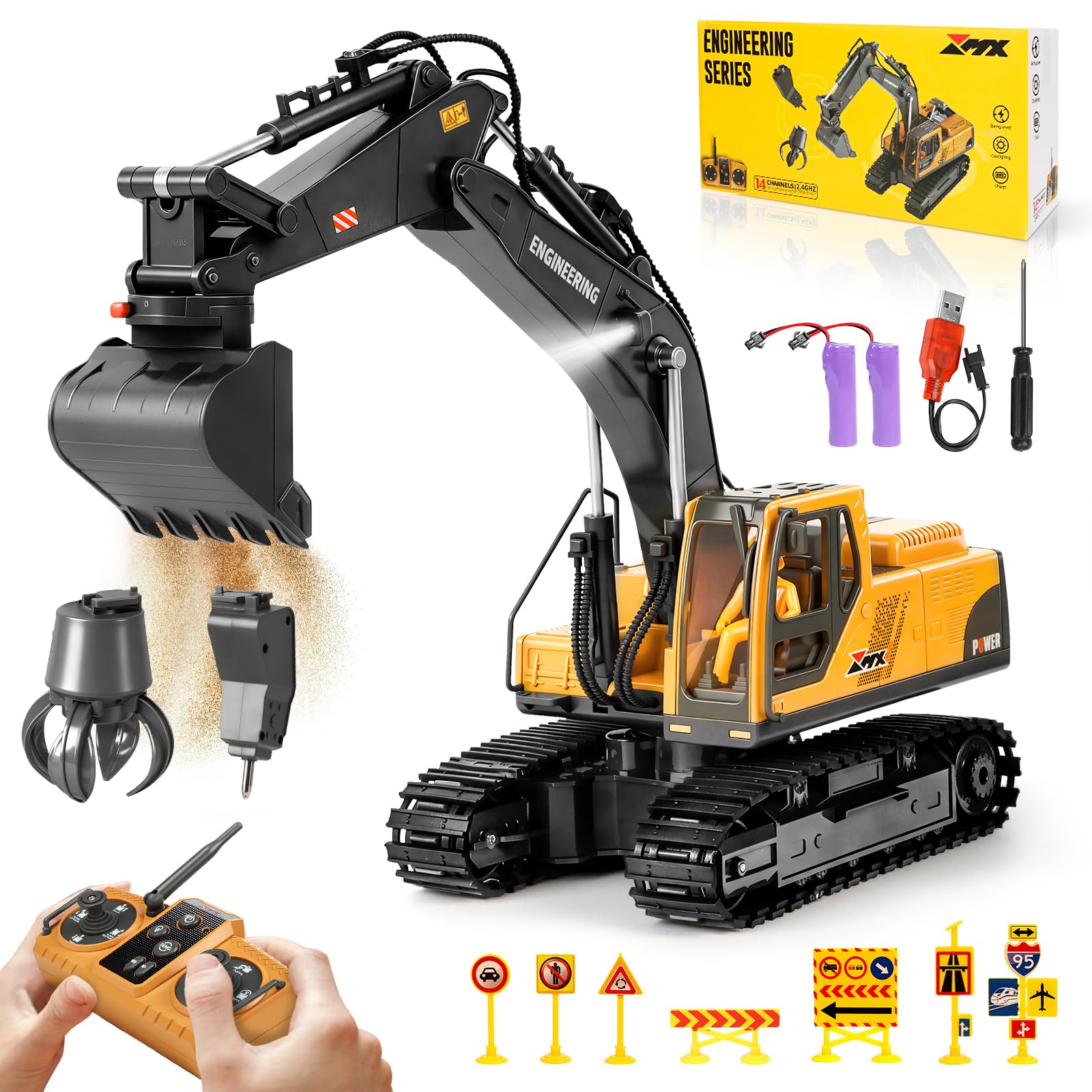 Charmofun Escavatore Radiocomandato 3-in-1, Giocattolo RC con 3 Teste in Metallo, Cabina Rotante 680° con Luci e Musica, Regalo per Bambini 3-12 Anni