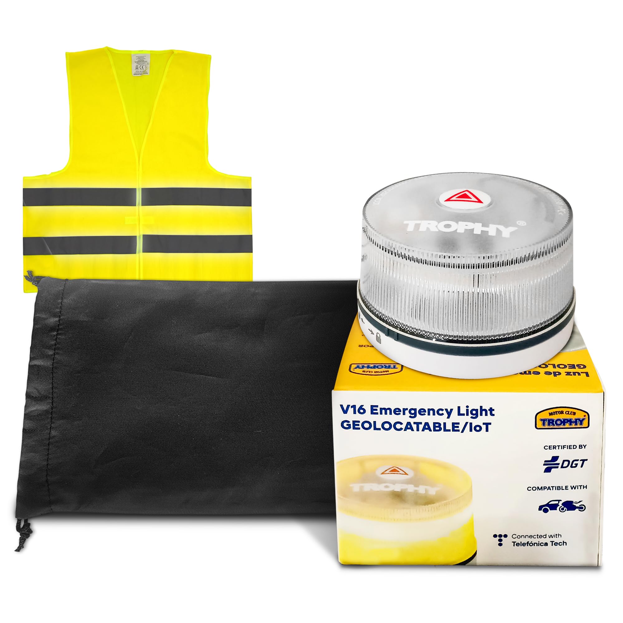 Baliza V16 Homologada DGT 3.0 con Geolocalización + Chaleco Reflectante + Bolsa | Kit de Emergencia Coche | Luz 360° hasta 1 km | Pila 9V Incluida | Datos 2026–2038 Sin Suscripciones
