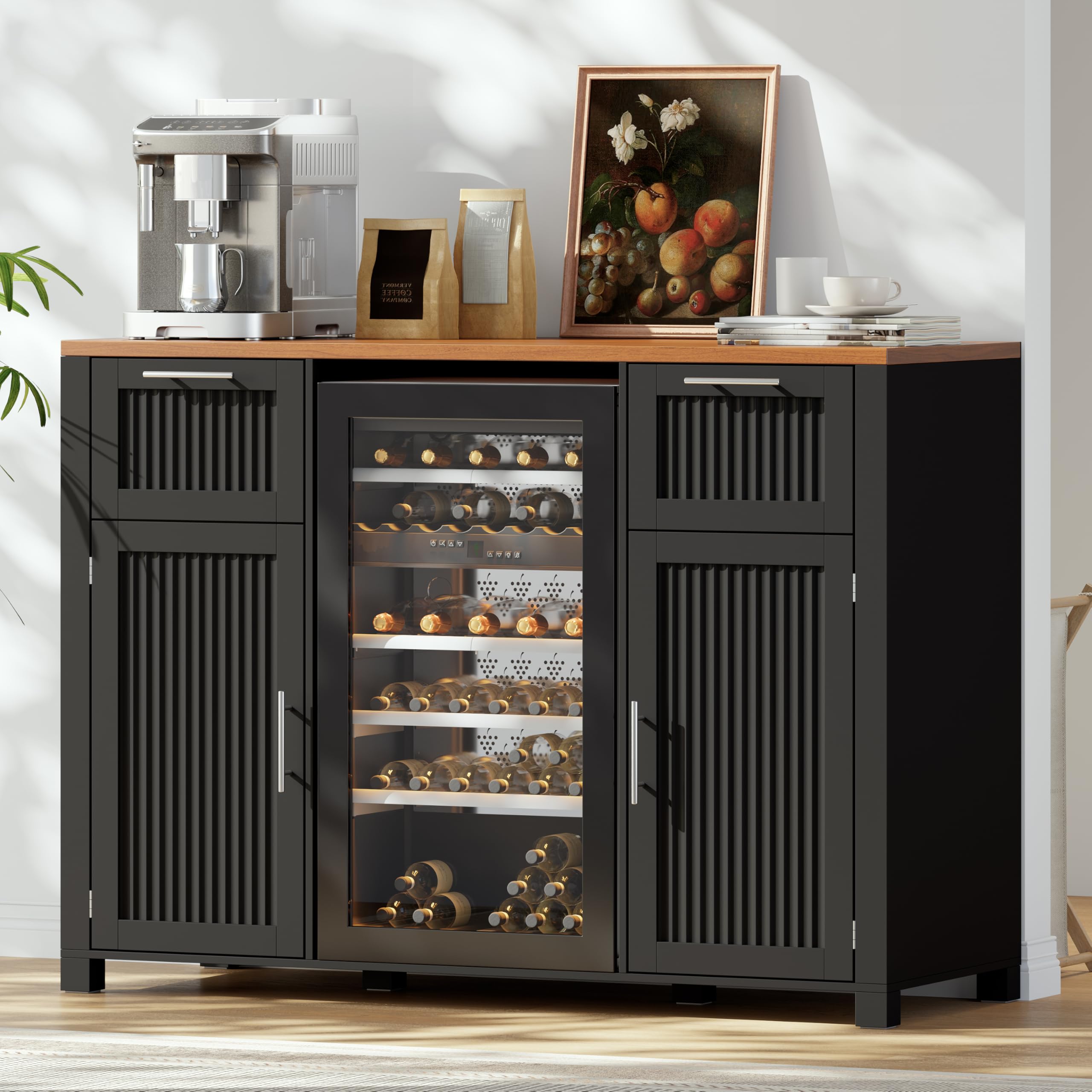 53" Long Fluted Mini Fridge Cabinet with Power Outlet &amp; 2 Drawers, Black