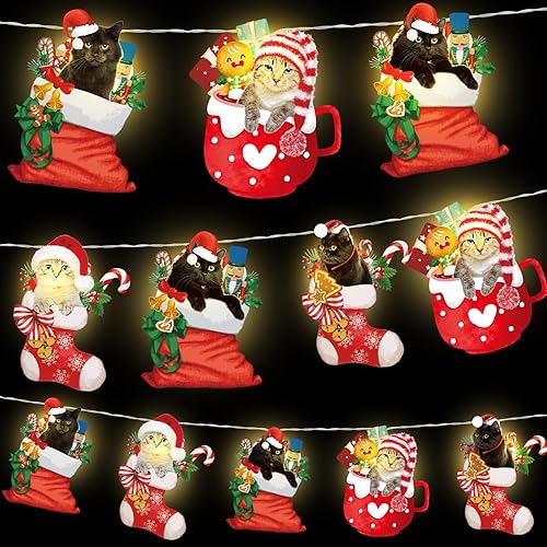 Guirnalda de luces de gato de Navidad con 20 luces LED de 10 pies para árbol de Navidad, funciona con pilas, luces de vacaciones para interiores y