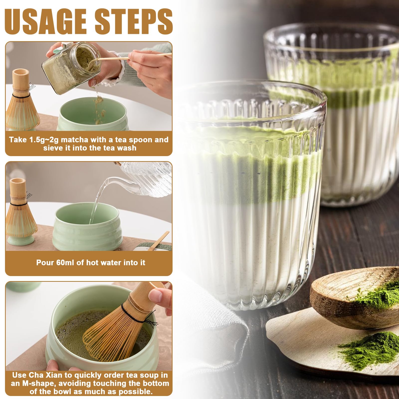 Set Traditionnel Pour Matcha En Bambou - 4 Pièces : Fouet, Cuillère, Spatule Et Support En Céramique - 4