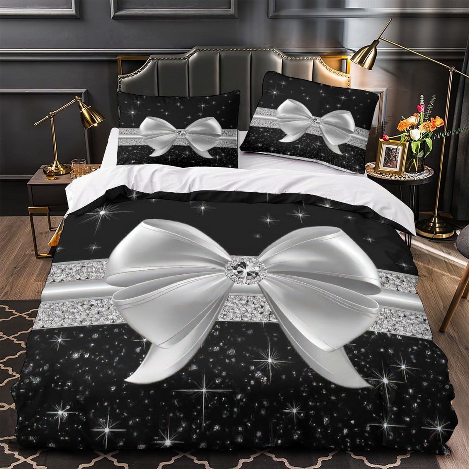 Parure de lit hypoallergénique anti-acarien housse couette 140x200 nœud argenté 3D