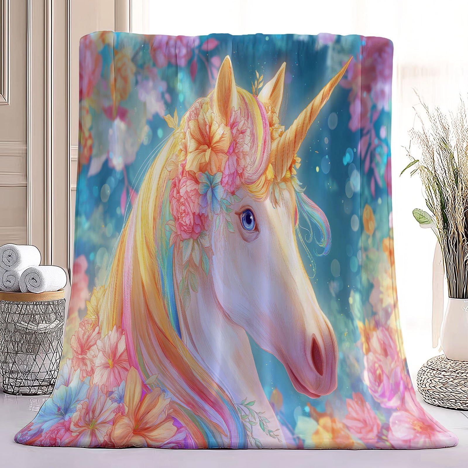 Manta polar cálida de 220 x 240 cm, fantasía de dibujos animados de pelo cómodo, manta sofá cama, unicornios flores arco iris mantas y mantas suaves y esponjosas, cómodas, multicolor