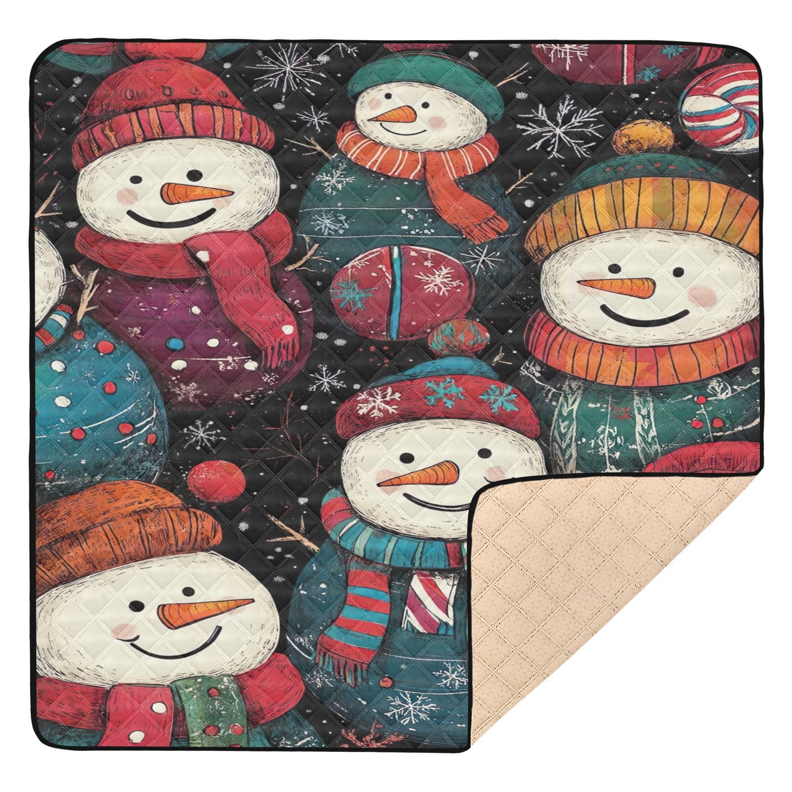 BOESI Doodle Cute Snowman Pattern Baby Play Mat, 50“ X 50” Washable Folding Crawling Mat, Baby Floor Mat, Soft, Thick, Non-Slip