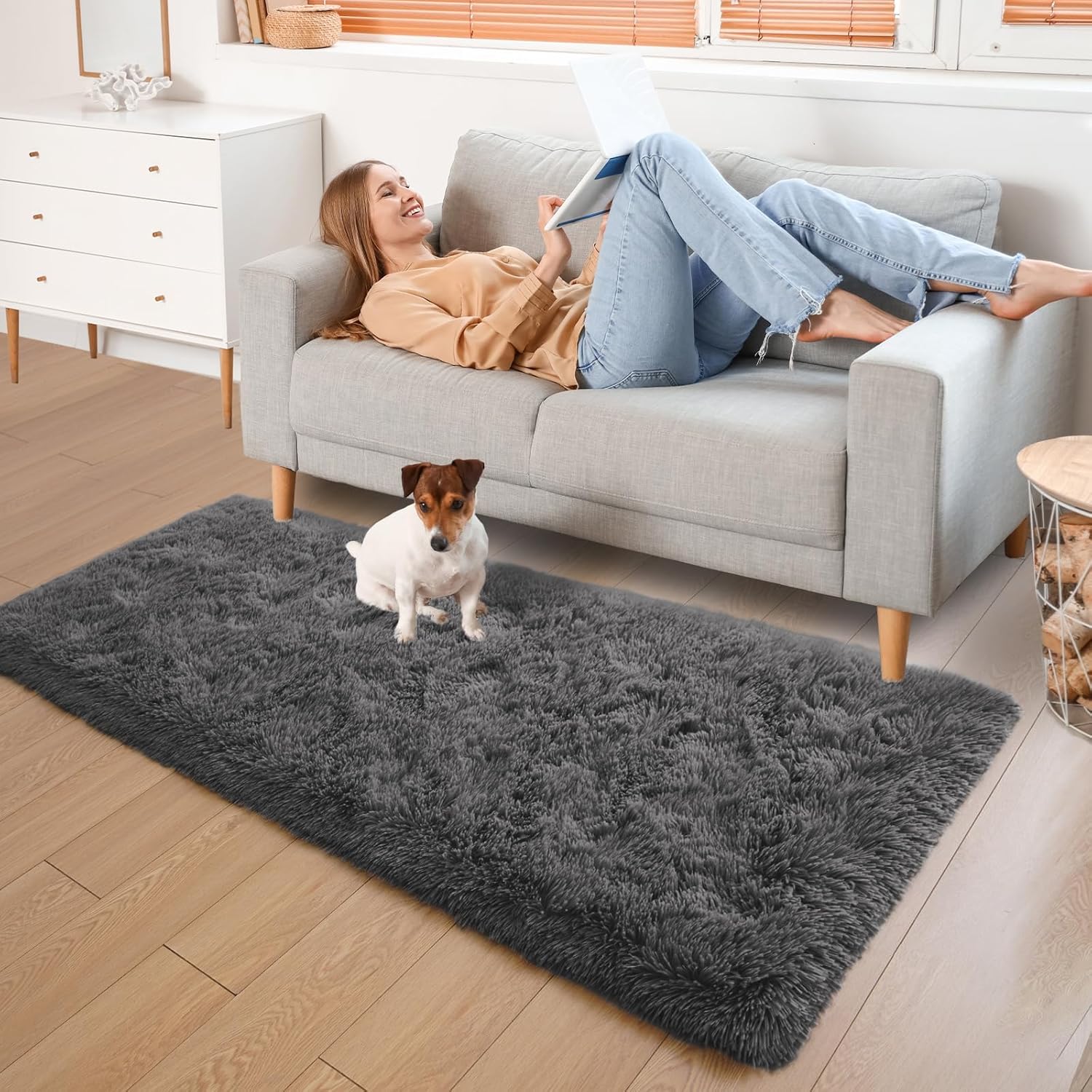 YJ.GWL Fluffy Runner Rugs for Bedroom Living Room Soft Shag Rug 2x6 Feet, Dark Grey Plush Carpet Non Slip for Nursery Dorm, Fuzzy Bedside Rug for Kids Boys Girls Room Home Decor