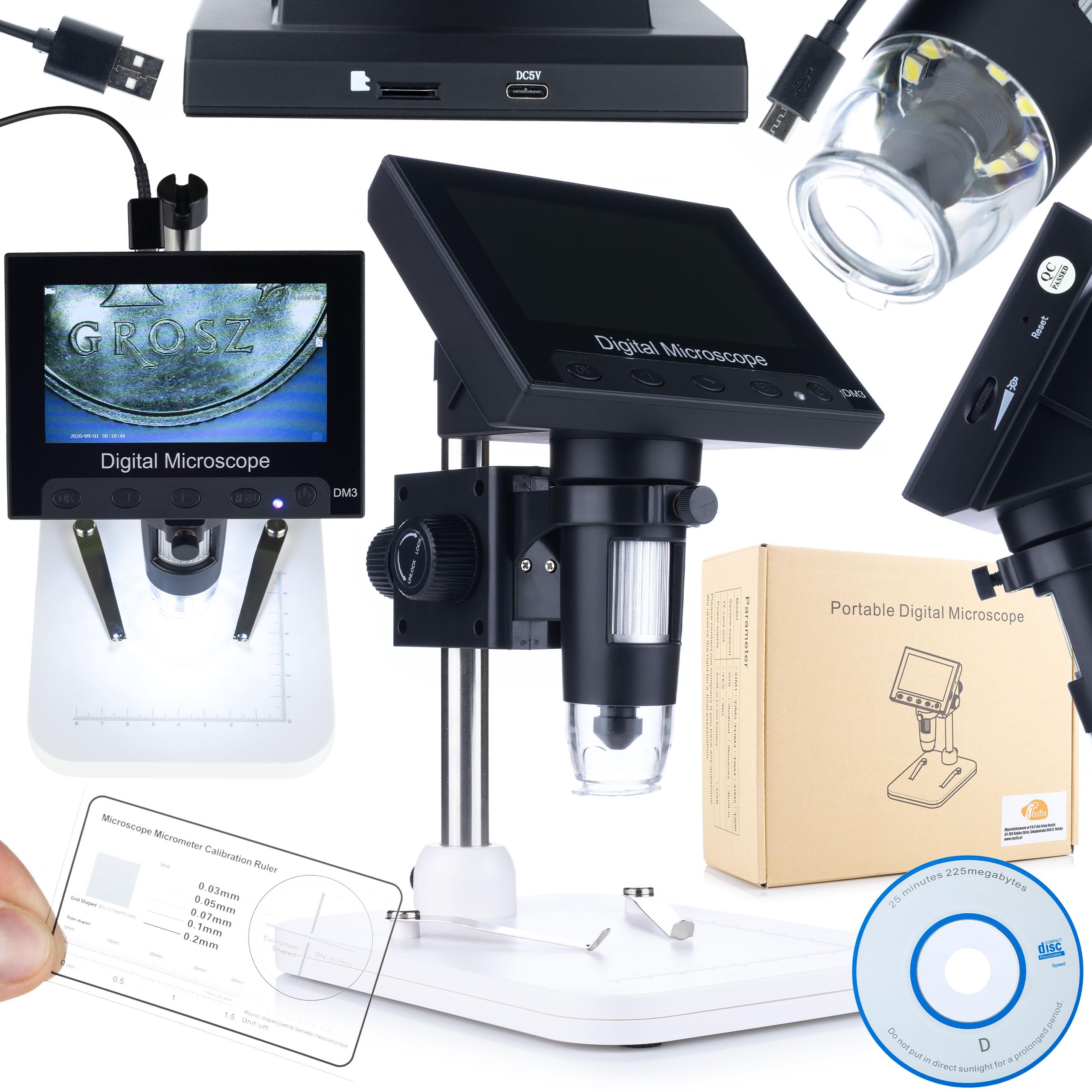 Rosfix Microscopio Digital DM3-Z01B049 - Pantalla LCD 4.3" 50X-1000X 1080P 8 LED USB MicroSD | Para Electrónica, Joyería, Biología | Microscopio Portátil Profesional