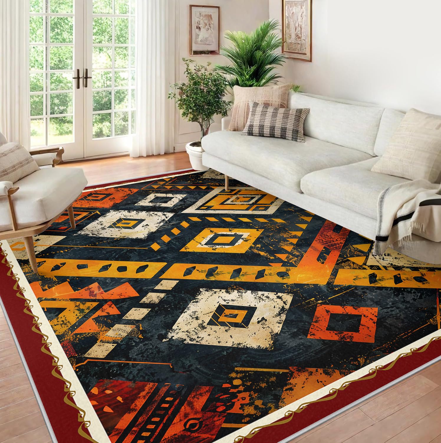 Tappeto tribale nativo americano colorato geometrico azteco retrò tappeto invecchiato lavabile antiscivolo e morbido tappeti di grandi dimensioni per l'arredamento casa dell'ufficio 100x150cm