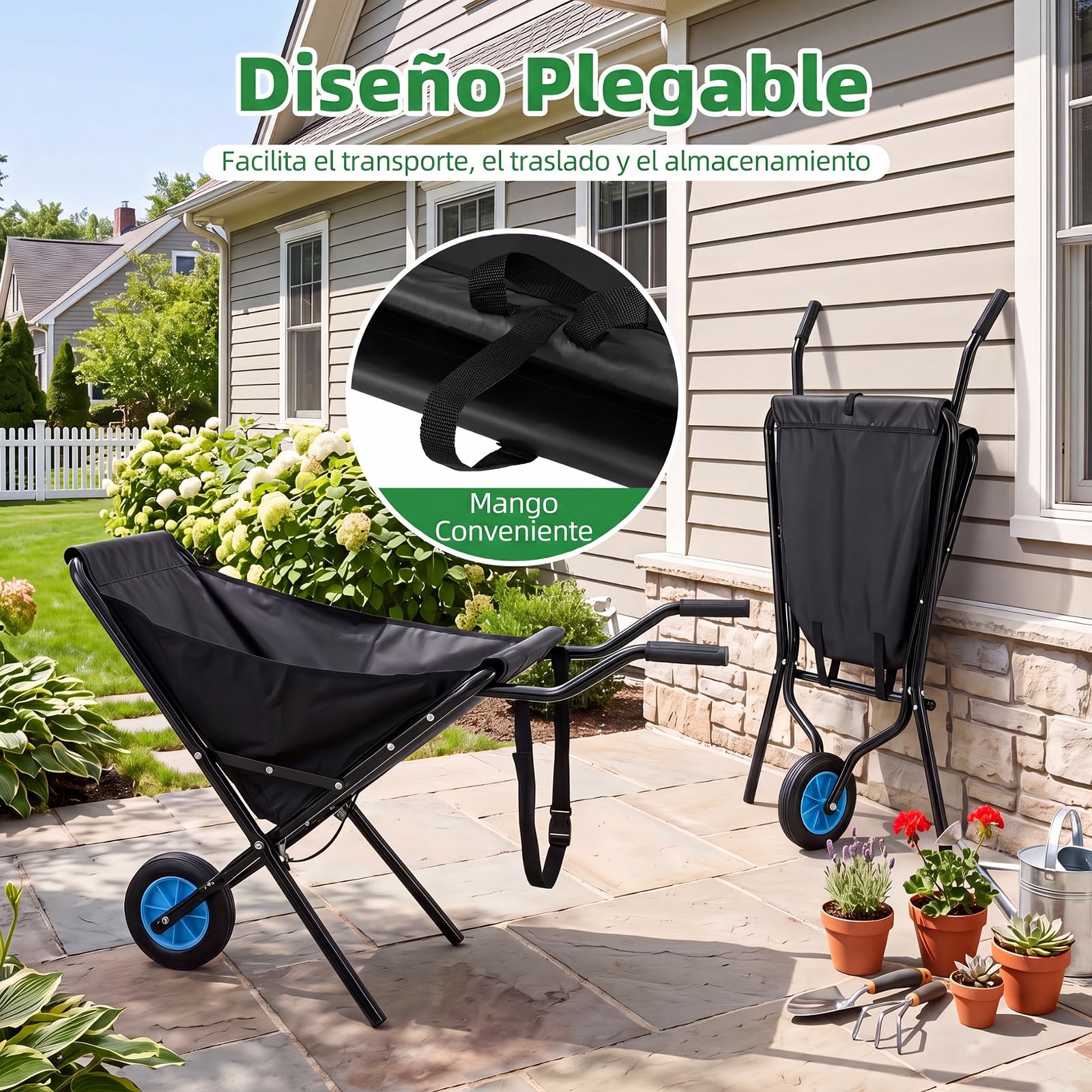 COSTWAY Carretilla de Jardín Plegable con Rueda, Lona Oxford, 78x109x72 cm | Carro de Transporte, Carga de 40 kg, Esturctura de Metal, Mangos Antideslizantes, Carrito de Obra Plegable para Jardinería