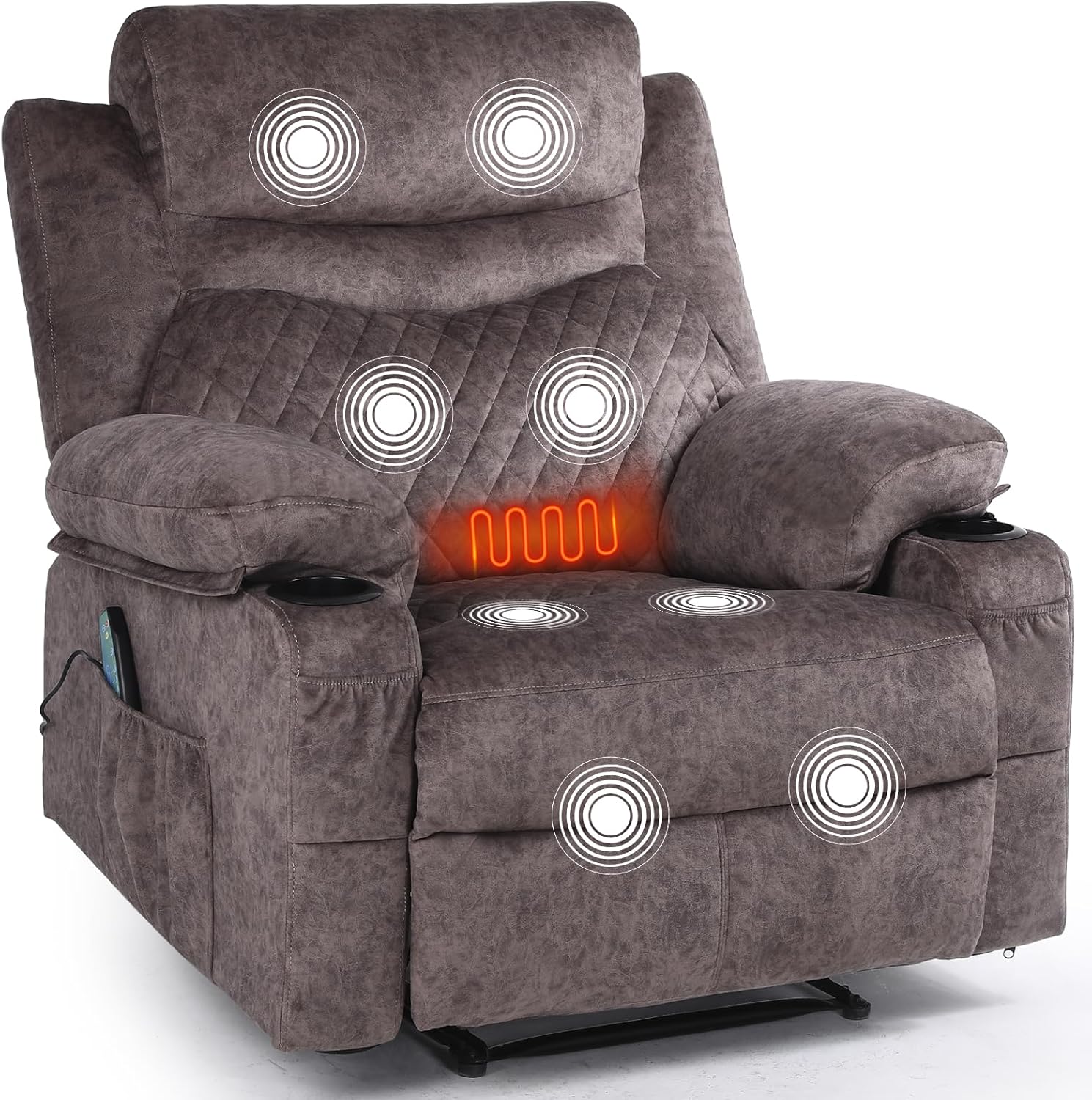 Overstuffed Massage Recliner Chair with Heat, Wide Seat Reclining Chair for Home Theater, Heated Massaging Manual Recliner Chairs with Cup Holders, Brown
