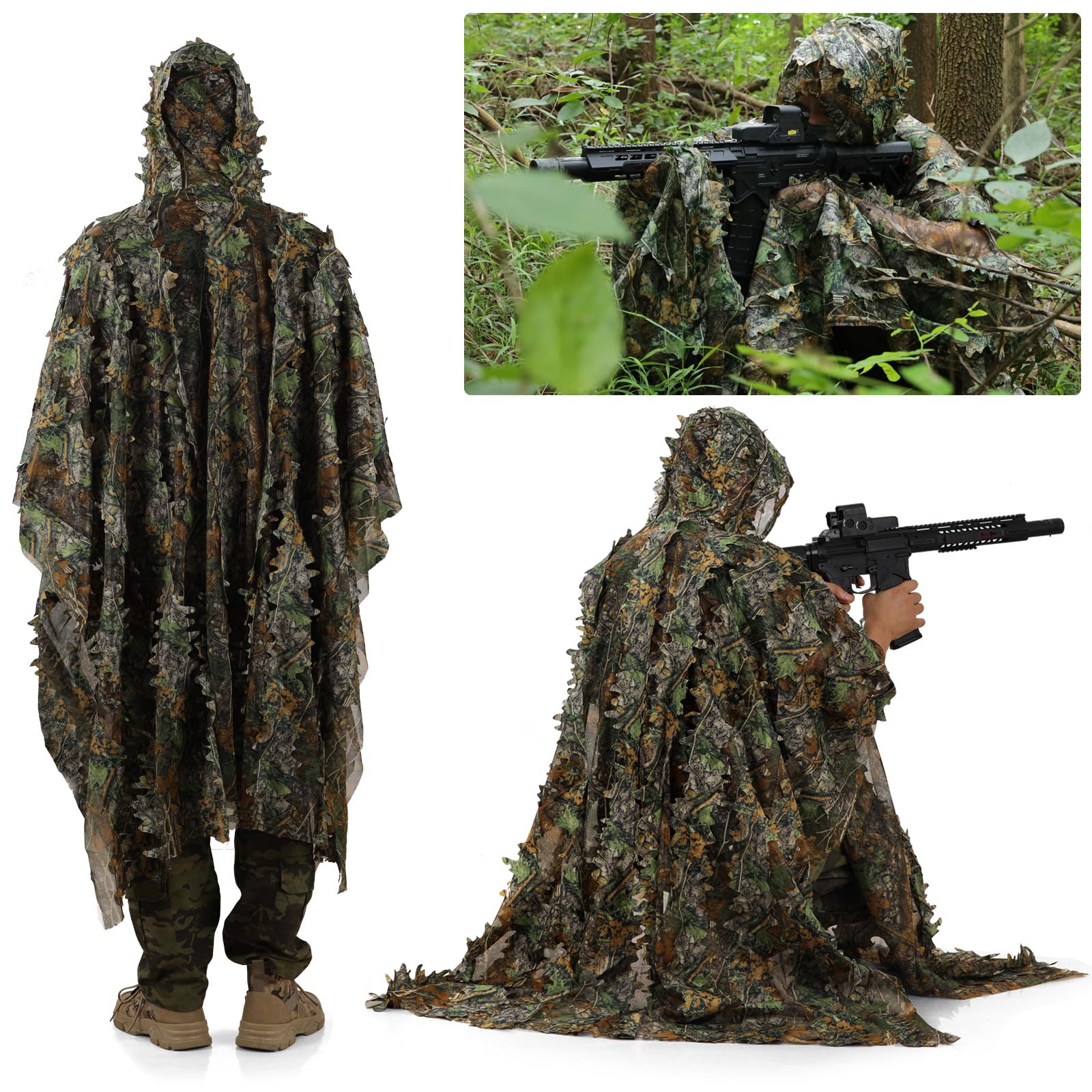 PELLOR Ghillie Suit 3D kostium maskujący, peleryna Ghillie, szybkoschnąca, na polowanie, kemping, do aktywności na świeżym powietrzu, wojskowych, polowania, ukryty, fotografia zwierząt, ozdoba