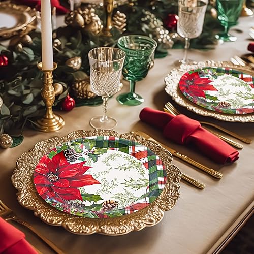 Miniatura 4 de AnyDesign - 40 platos de Navidad de 9 pulgadas, platos de papel desechables de Feliz Navidad, búfalo, flores de Pascua de Navidad, cono de pino,