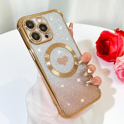 Miniatura 2 de Bonoma Purpurina magnética para iPhone 15 Pro Max compatible con MagSafe , funda transparente de lujo con diseño de corazón de amor, protección de