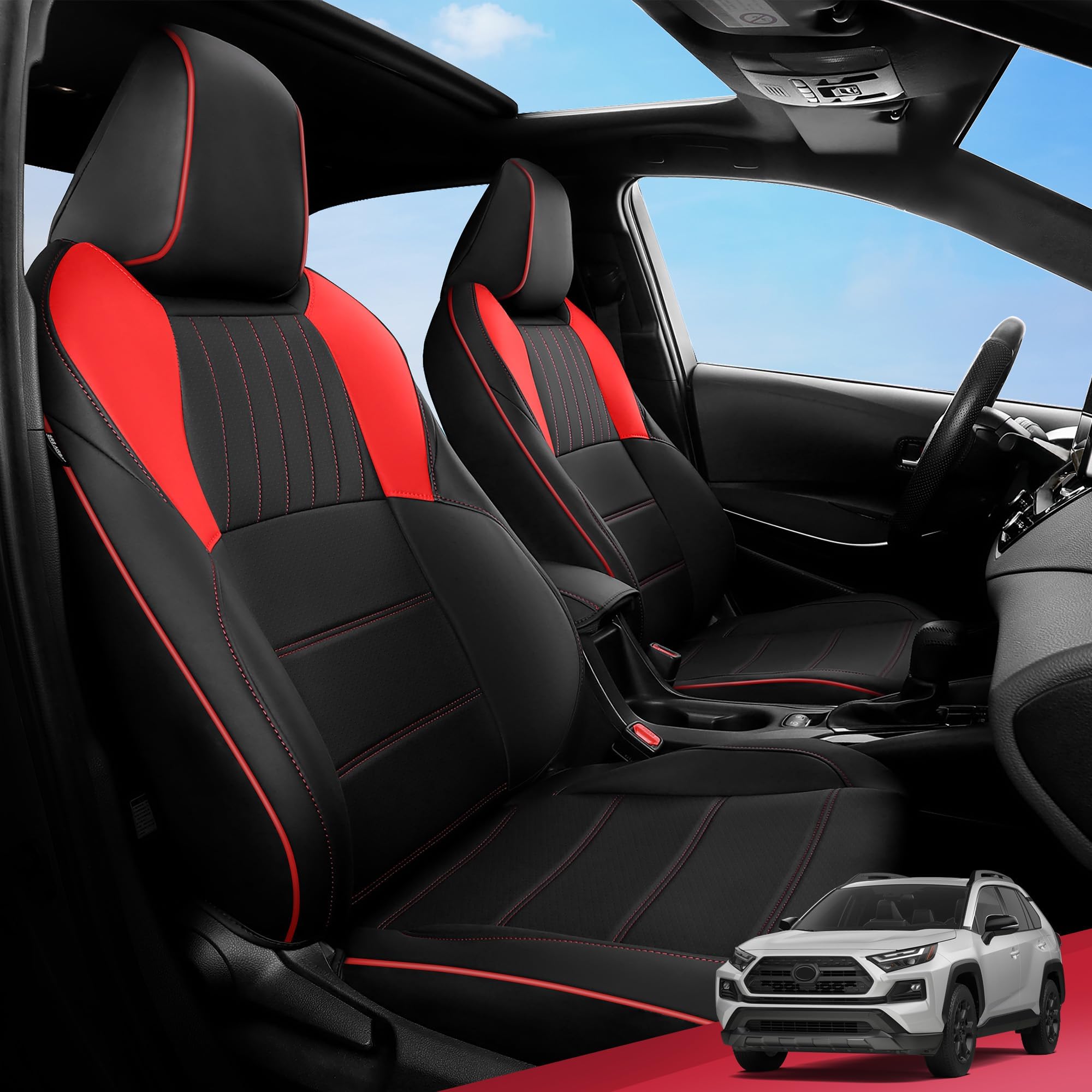 FREESOO for Toyota RAV4 Seat Covers - Custom Fit Seat Covers for Toyota RAV4 2019-2024 Adventure and TRD-Off Road Waterproof Faux Leather Car Seat Covers Full Set - Black Red