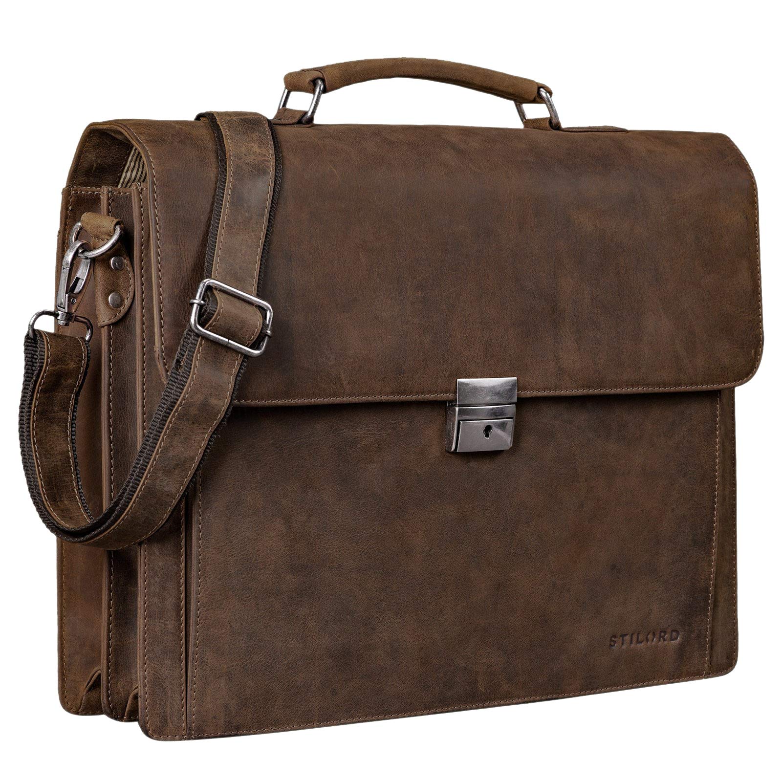 STILORD Johann Klassische Aktentasche Herren Damen Businesstasche für 15,6 Zoll Laptop passend für große DIN A4 Ordner mit Schloss Rinds Leder Farbe:Sepia-braun