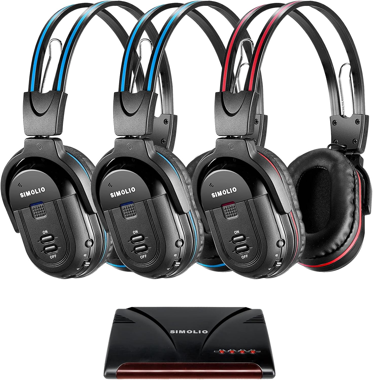 SIMOLIO Dual Channels IR Transmitter w/Optical in & 3 Pack of Wireless Car Headphone for Kids/TV/PC/Rear Entertainment System/Car DVD, Foldable Universal IR Headset w/Travelling Bag n 3.5mm AUX Cord