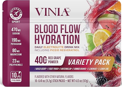 VINIA Mezcla de polvo de hidratación de electrolitos Resveratrol | Aumenta el flujo sanguíneo y la circulación | Sal marina, agua de coco, potasio,