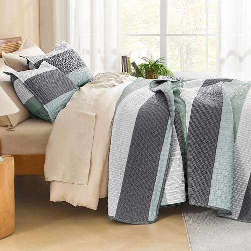 Miniatura 2 de Litanika - Juego de edredón para todas las temporadas, 3 piezas, edredón de verano, diseño de retazos a rayas, microfibra suave y ligera (1 edredón