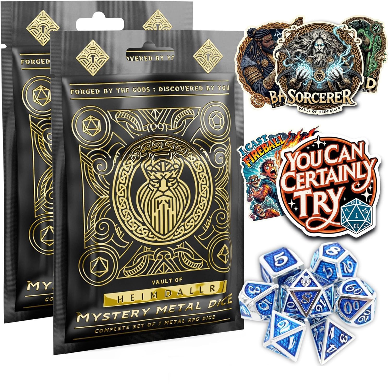 HEIMDALLR Mystery Metal DND Dice Set 2-Pack – 7pc Blind Bag with Random Class & Funny DND Stickers – Metal Role Playing Dice for Dungeons and Dragons