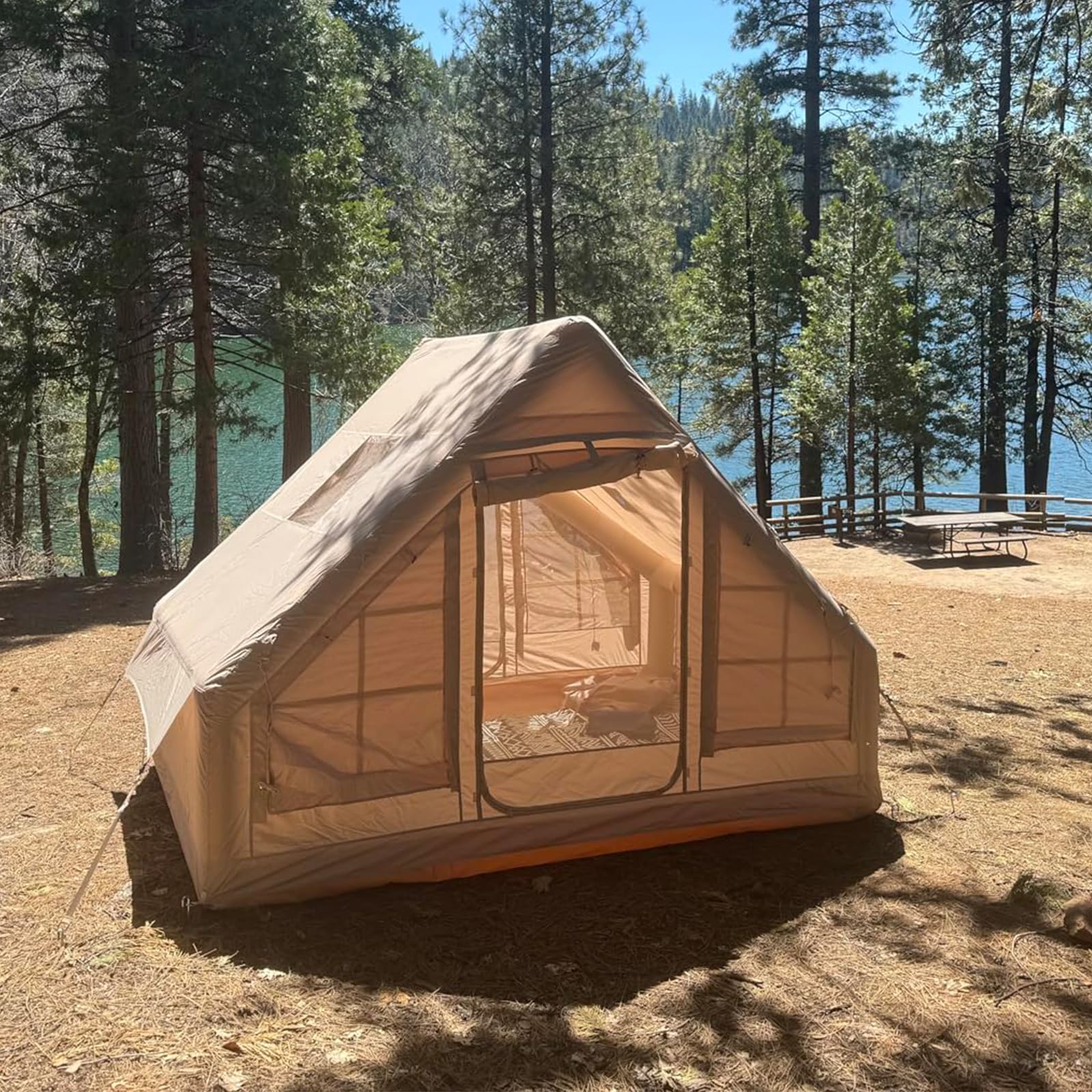 Inflatable Camping Tents with Hand Pump, Air Glamping Tents, Easy Setup Waterproof and Windproof Blow up Tent, 4 Seasons Oxford Cabin Tent with Mesh & Chimney Window. (10 * 6.9ft)