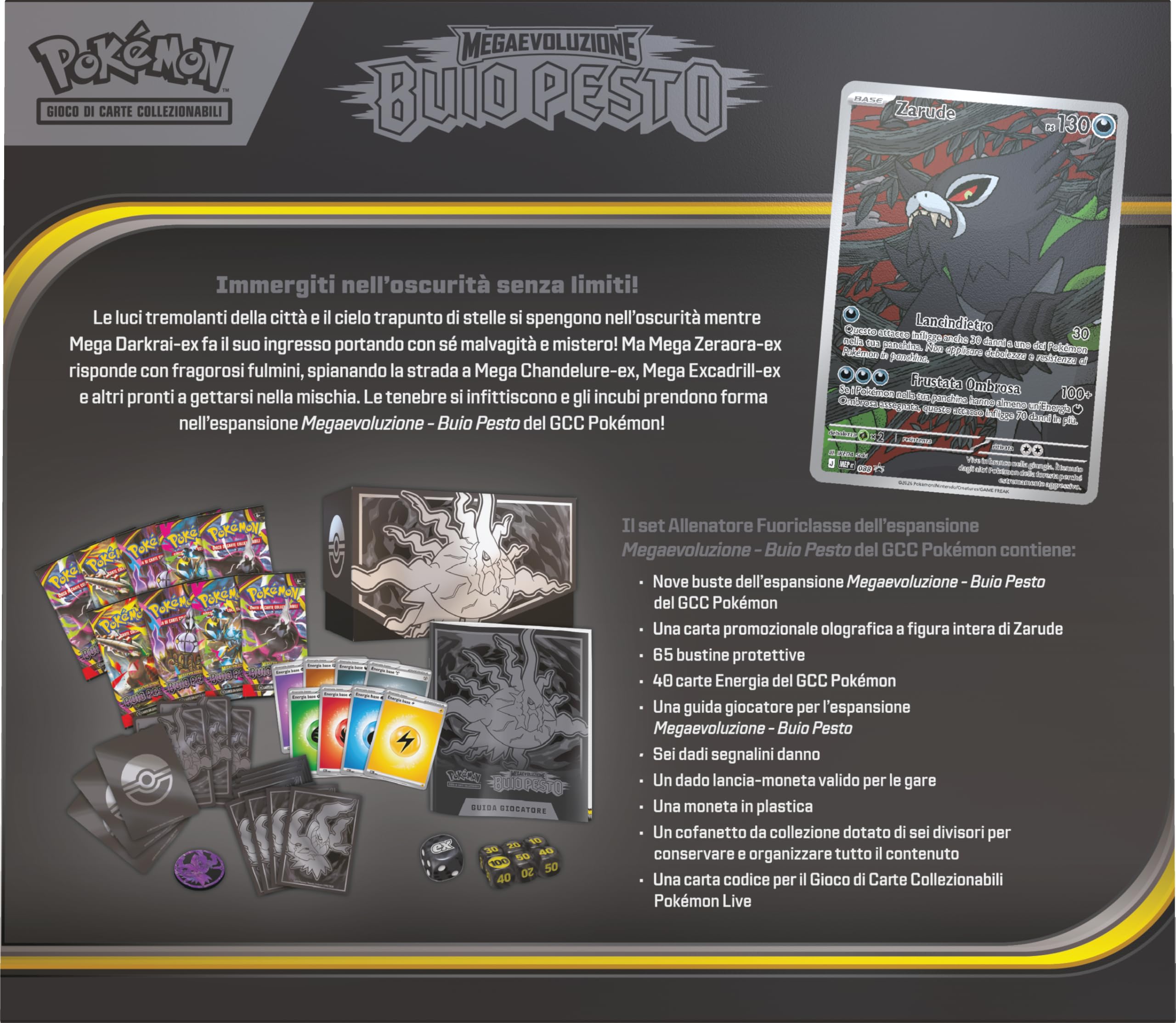 Pokémon: set Allenatore Fuoriclasse dell’espansione Megaevoluzione - Buio Pesto del GCC Pokémon (1 carta promozionale a figura intera, 9 buste di espansione e accessori premium), Edizione in Italiano