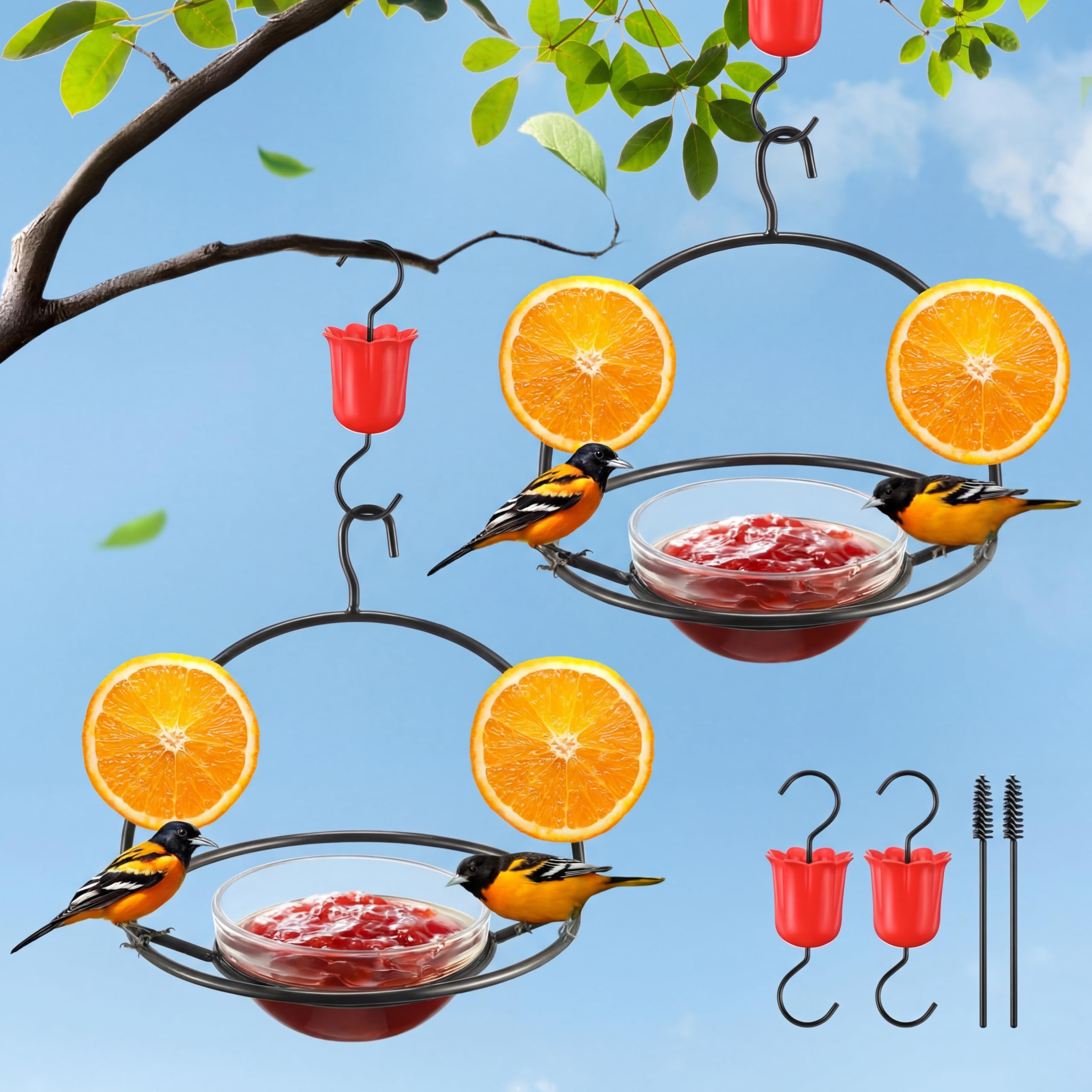 Mangeoire à oriole en métal avec bol en verre pour jardin (Lot de 2)