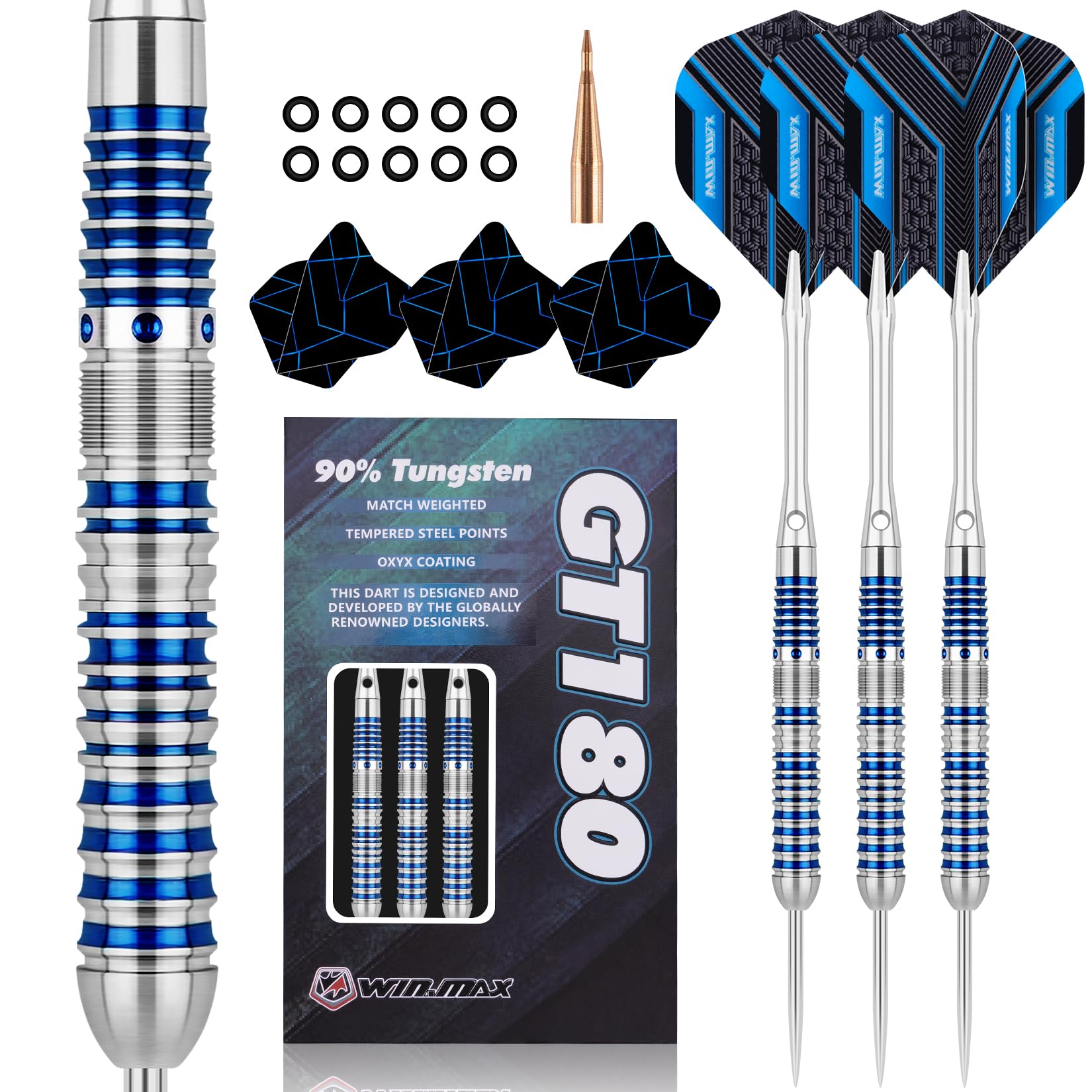 WIN.MAX Darts Metal Tip Set - 90% Tungsten Steel Tip Darts Set Professional 20/22/23/24/26/28 Grams Pro Dart Set with Extra 3 Flights