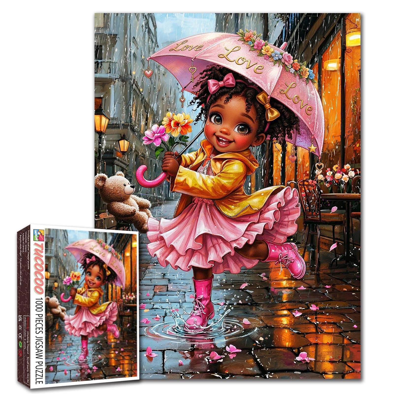 Black Girl Rain Jigsaw Puzzles 1000 Pieces for Adults, Family(American Afro Child，Rainy Street，Love,Pink) Pieces Fit Together Perfectly 19.7''x27.6''inch Frameable Joy Cheerful Puzzle Art