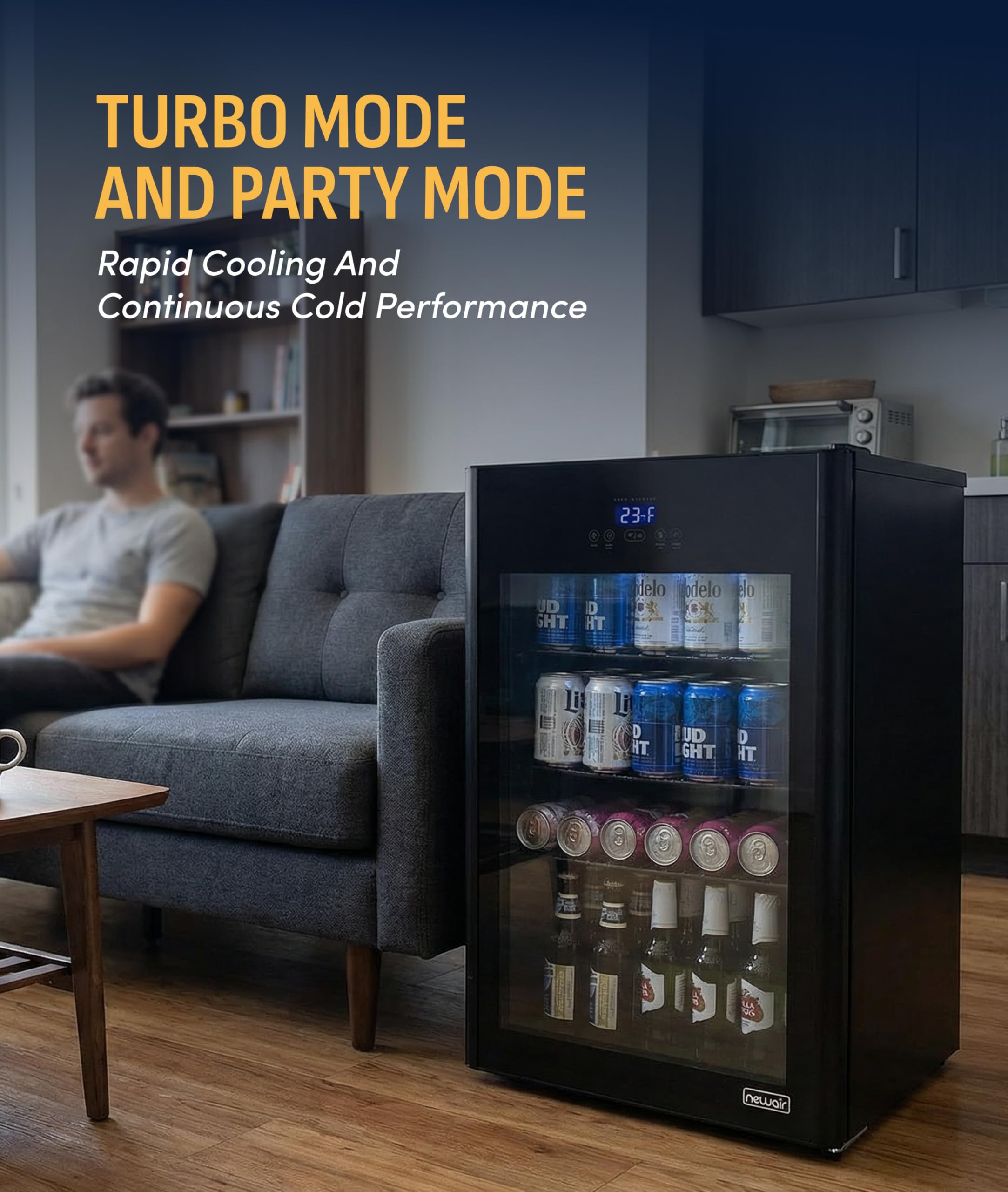 NewAir 125-Can Beer Froster | Ultra-Cold Mini Fridge For Bedroom, Gaming Or Office | 23°F Beverage Cooler With Turbo & Party Mode | Black on Fridge.com - View 6