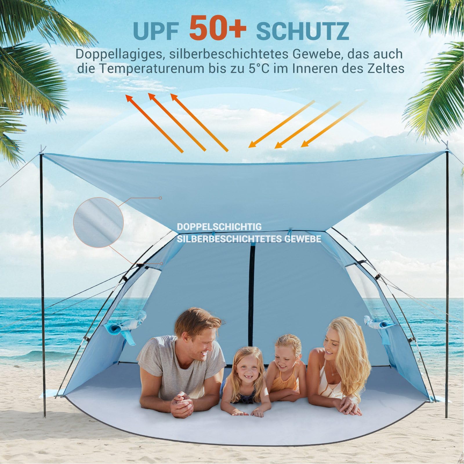 Elegear CumbreX Strandmuschel mit Sonnendach, 4-5 Personen Strandzelt UV Schutz 50+ Einfacher Aufbau, Tragbarer Leichte Strand Zelt mit Doppeltür, Windschutz Sonnenschutz für Strand, Garten, Fischen