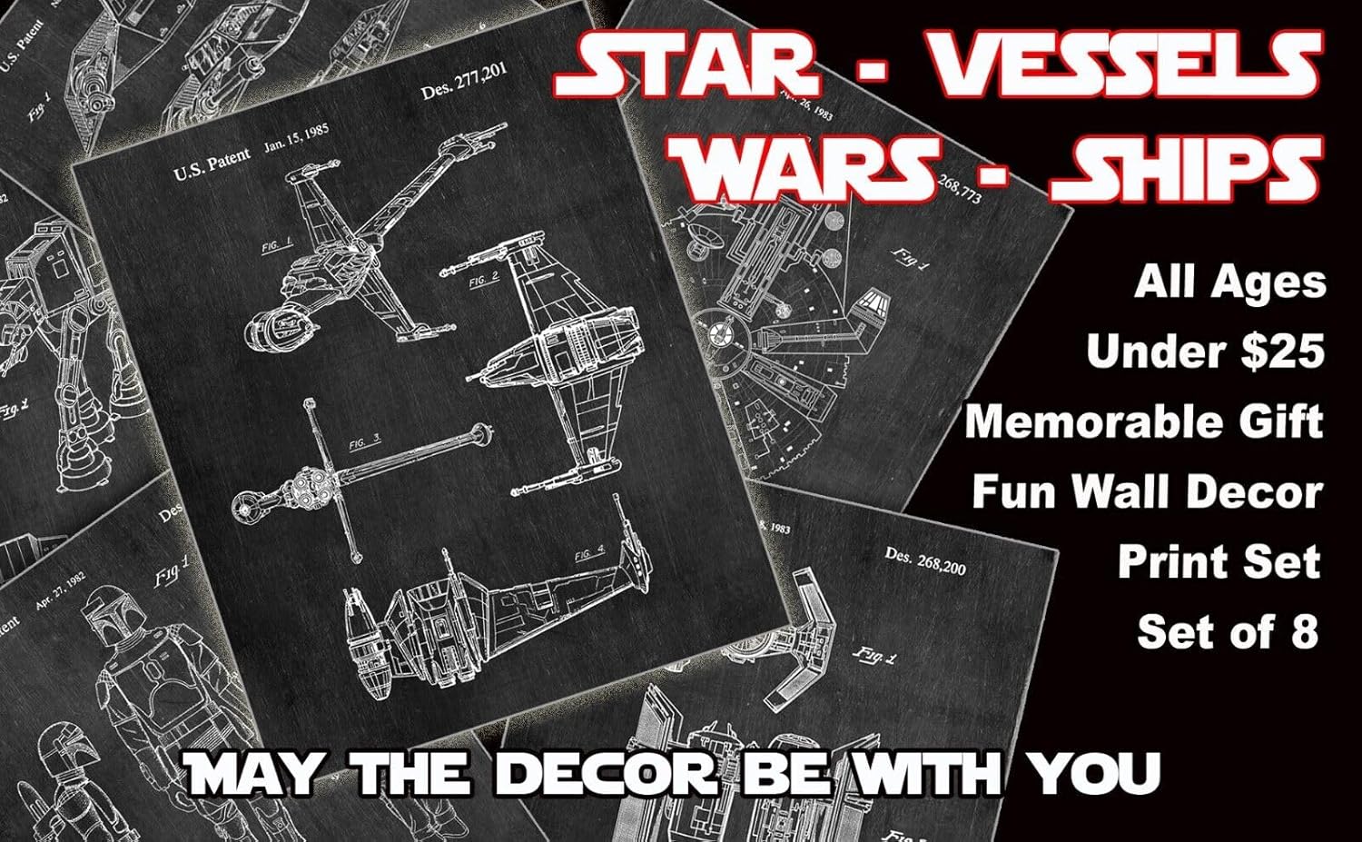 ArtCantHurtU Star Wars Gifts for Men - 8 Wall Art Prints (8x10) for Boys Women Bathroom Bedroom Room Home Decor Merchandise Office Decorations Retro Movie Sci Fi Wars Comic-Con Man Cave Garage