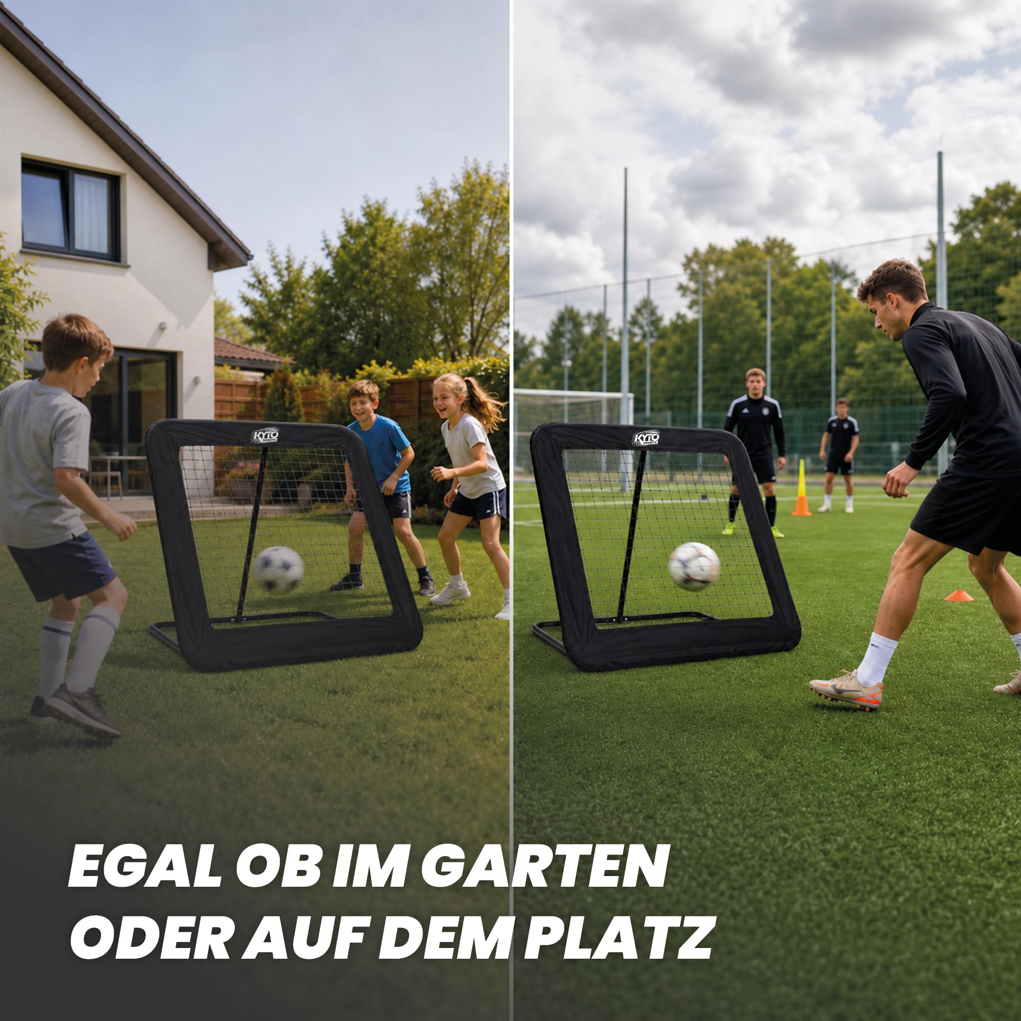 Kyto Sports Fußball Trainingsset 3-teilig – Rebounder 100x100 cm, 50 Markierungshütchen & Koordinationsleiter 6 m – Techniktraining, Agility, Schnelligkeit, Footwork & Ausdauer
