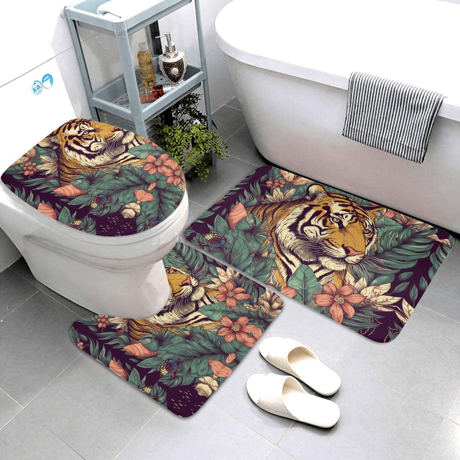 Dwrepo Tropical Tiger Print Bathroom Rug Set 3 Piece with Non-Slip U-Shaped Contour Mat and Toilet Lid Cover for Bathroom Decoration