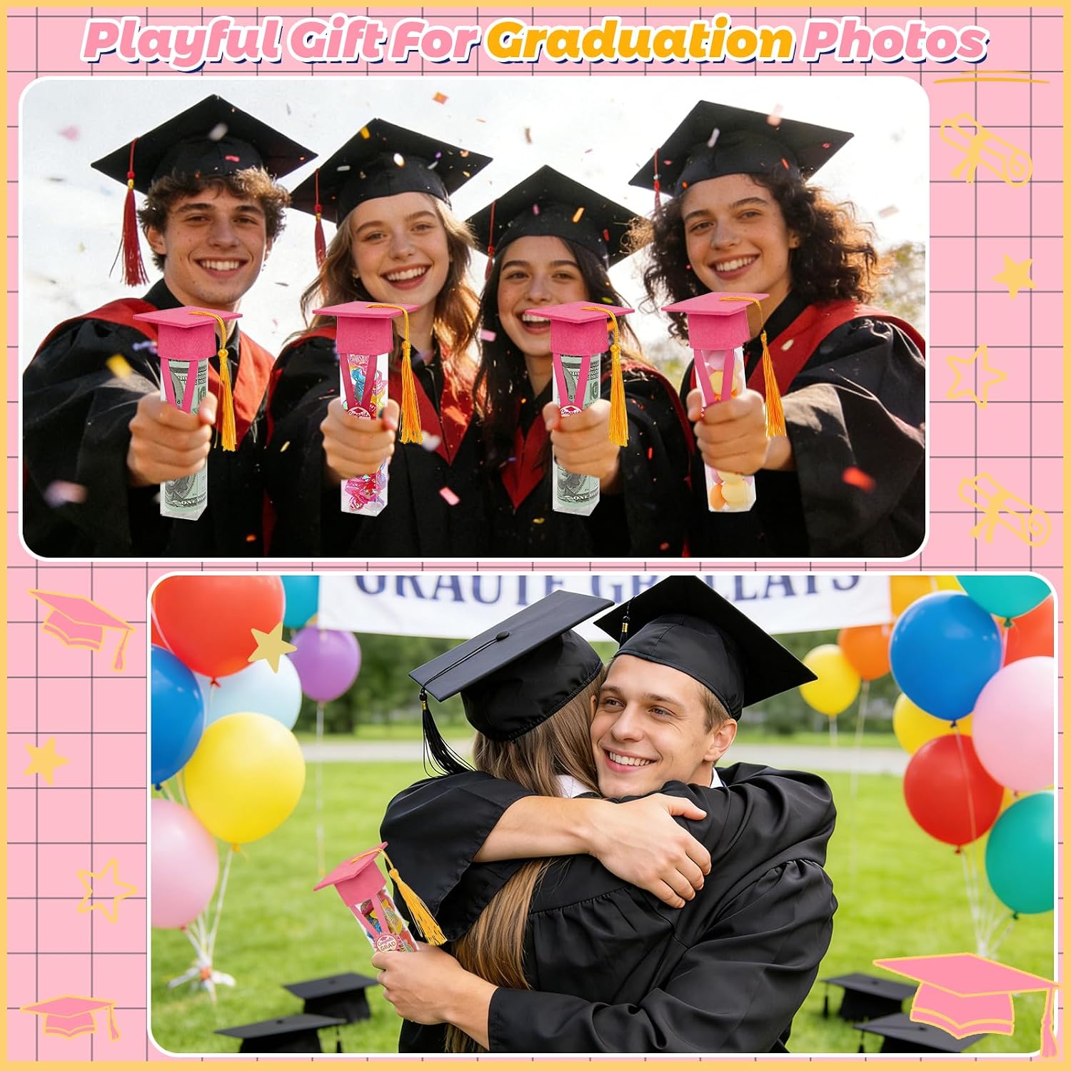 JMUQ 50 Sets Graduation Gumball Tubes,2026 Graduation Candy Jar Container with Grad Mini Caps Mini Graduation Tassels for DIY Grad Table Party Guests Supplies(Pink) image 4