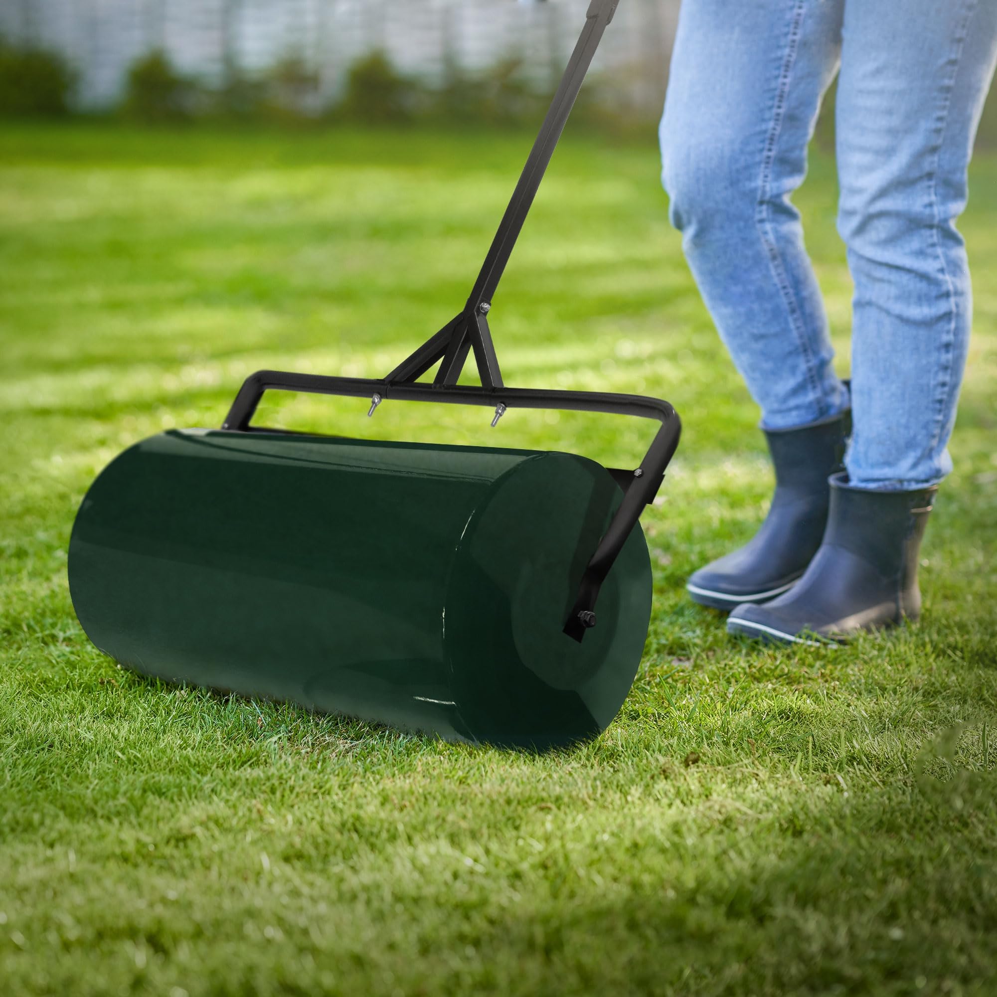 ECD Germany Rodillo de Césped de Acero Verde 90cm de Ancho Aplanador de Jardín 63 litros de Volumen Ø30cm, Rellenable con Agua/Arena Apisonadora Compactar, Aplanar y Remover la Tierra para Plantas