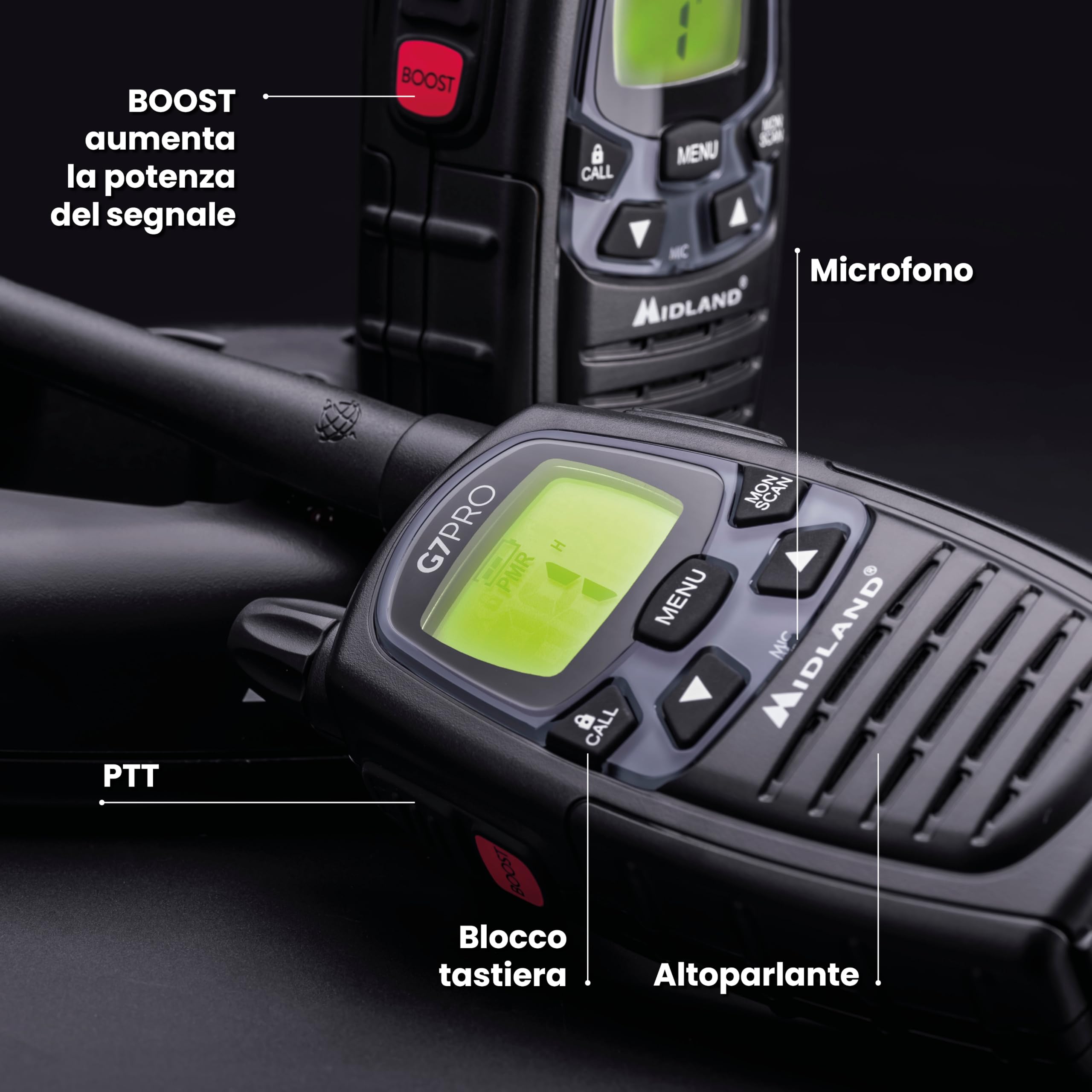 Midland - Walkie Talkie G7 PRO, Coppia Ricetrasmittenti Professionali Softair e Outdoor, 85 Canali - 16 PMR446/69 LPD Senza Licenza, Copertura 10Km, Autonomia 18 Ore, Batterie Ricaricabili e Accessori