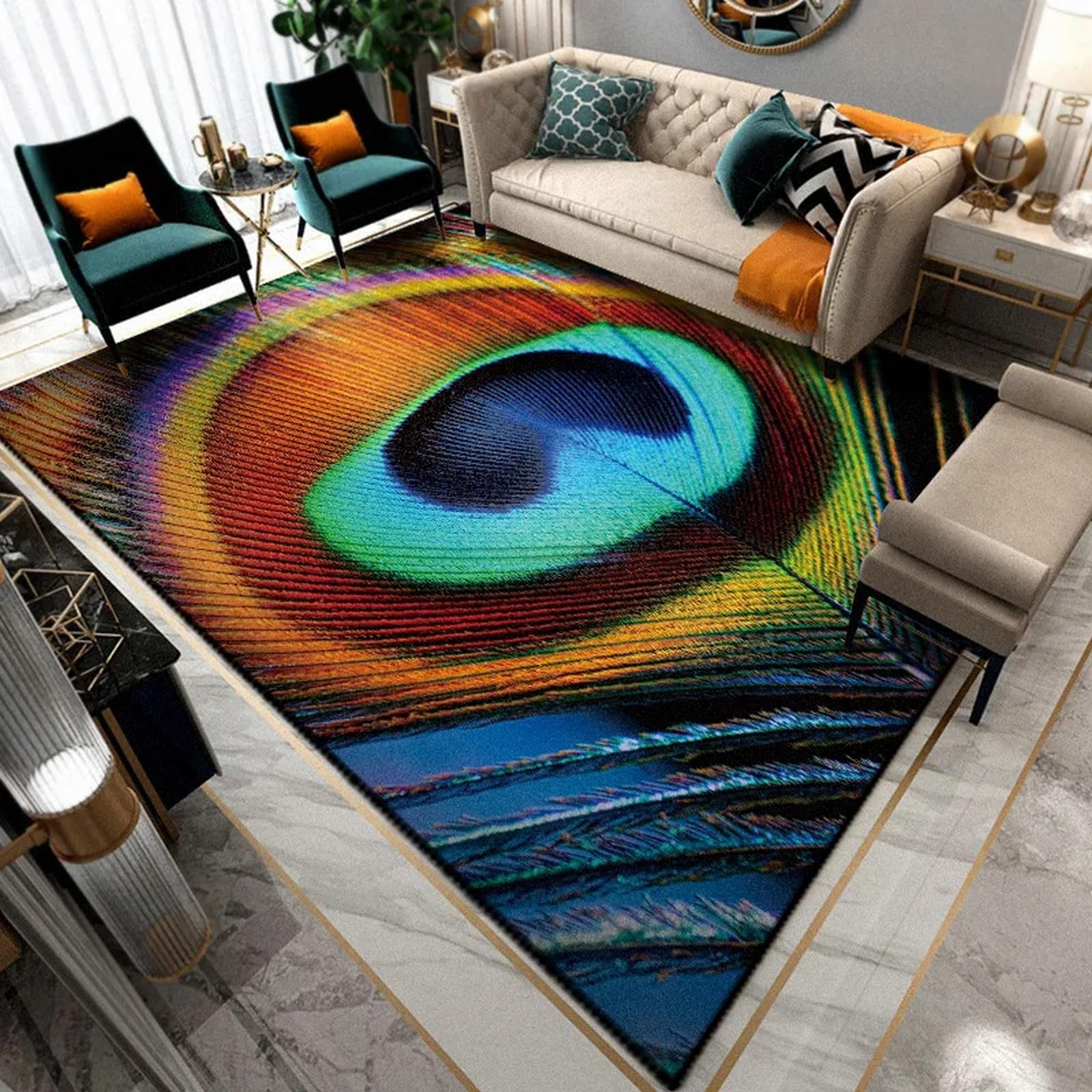 Tapis enfant paon 3D 180x280 cm lavable et antidérapant à poils ras