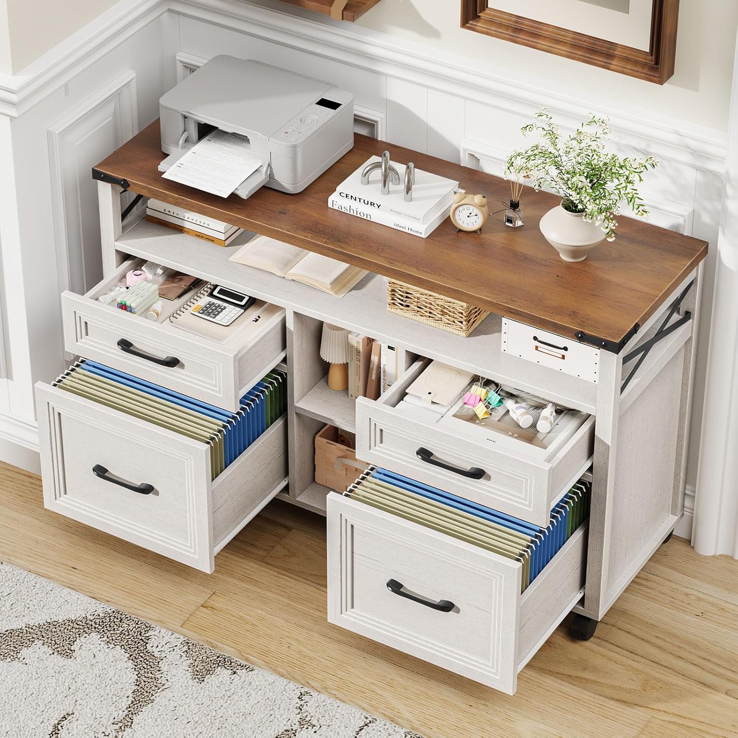 Vabches Farmhouse Filing Cabinet with Adjustable Shelf & Wheels, Lateral File Cabinets, Office Storage Cabinet with 4 Drawers and Open Storage Space, for Hanging Files Letter/A4, for Home Office