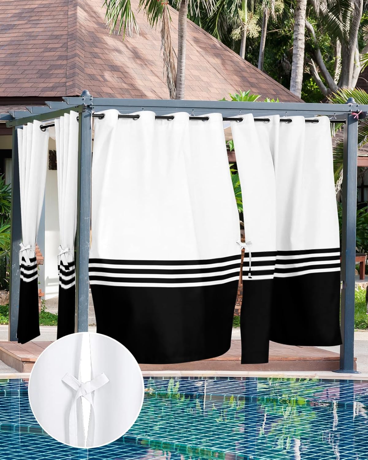 Outdoor Curtain for Patio Waterproof, Modern Art Black White Simple Striped Farmhouse Windows Curtains Panels Light Filtering Outside Drapes for Living room/Pergola/Garden/Balcony 52"W x 84"L x 2