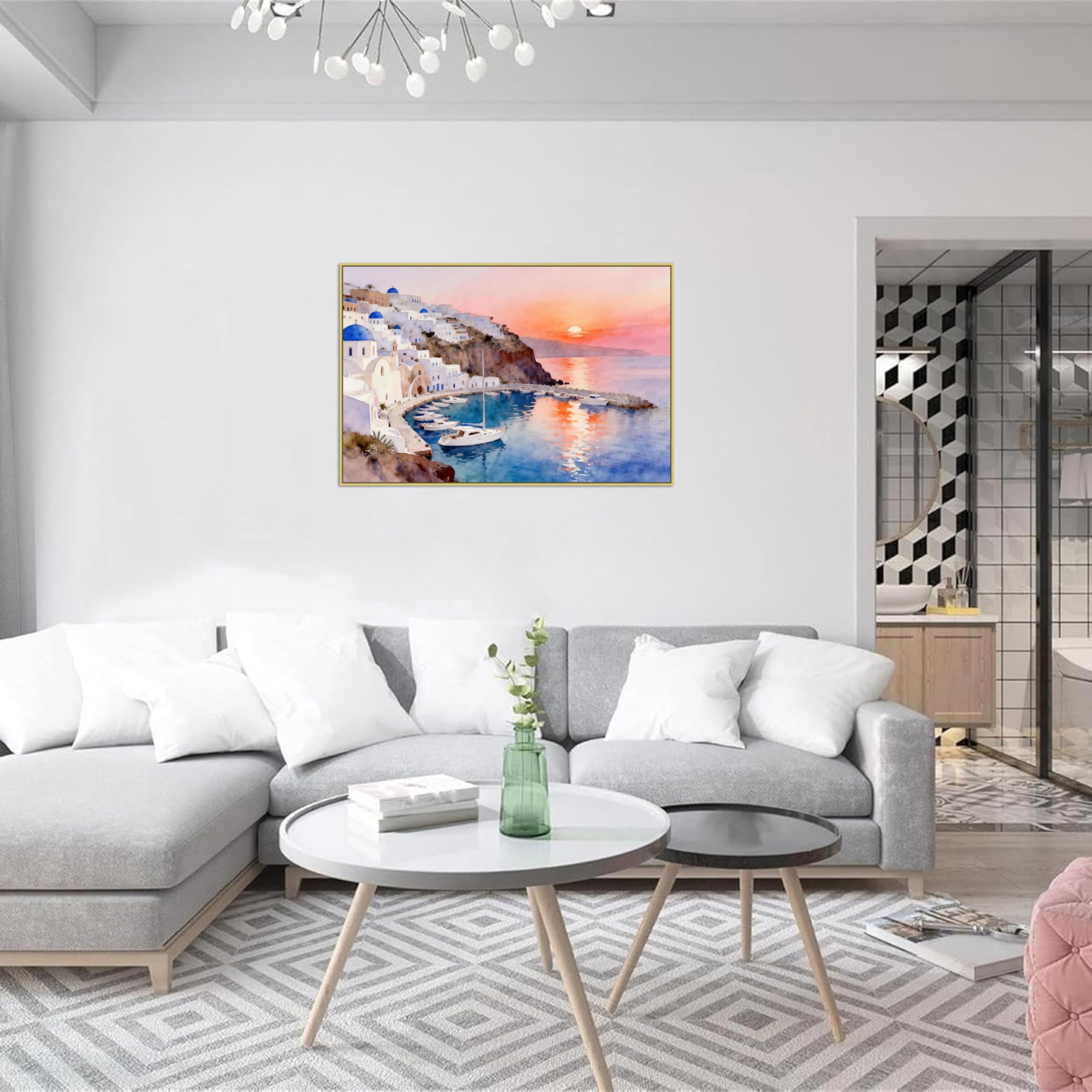 OZPWBVY Meer Leinwandbild-Town Haus Sonnenuntergang-Küsten Landschaftsbilder für Wohnzimmer Schlafzimmer Fertig zum Aufhängen 80x120cm Goldener Rahmen