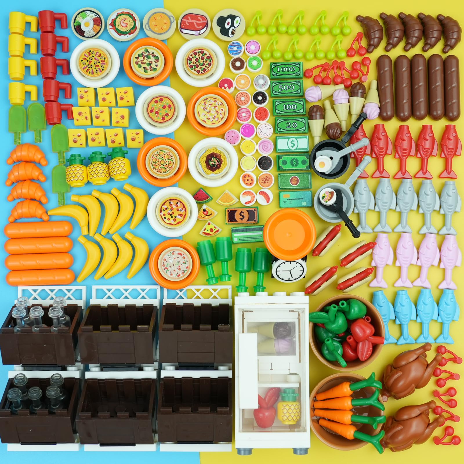 Food City Accessories Building Blocks Sets, Friends Figures Supermarket Kitchen Bricks, Pizza Sushi Refrigerators Food Stand Pieces Parts Comida Hot Dog Cheese Toys