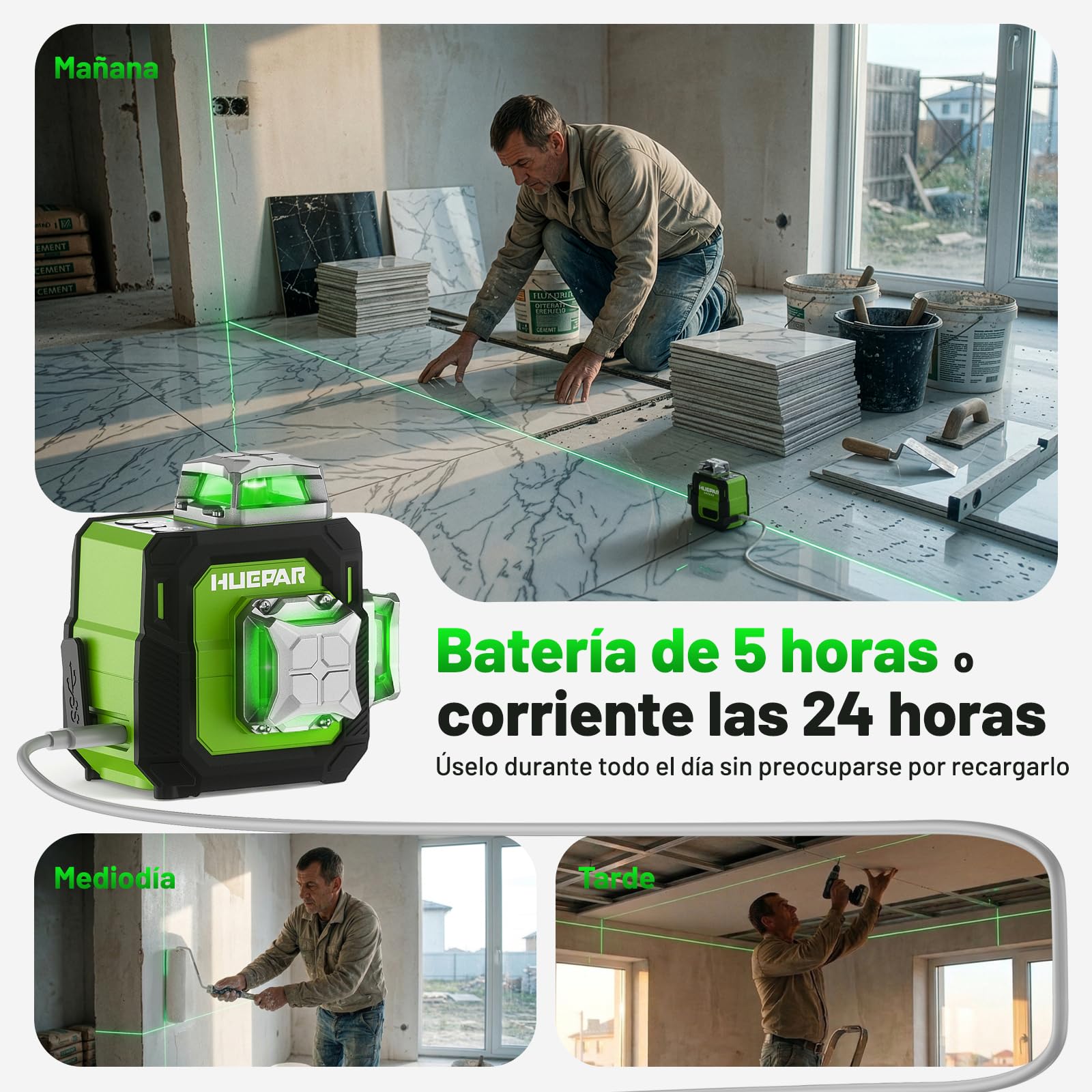 Huepar Livella Laser Verde 3D 3x360° Autolivellante, Precisione ±3mm, 40m(70m con Ricevitore), Compatta Livello Laser con 152cm Treppiede, Ideale per Lavori in Spazi Stretti, Controsoffitti, USB-C
