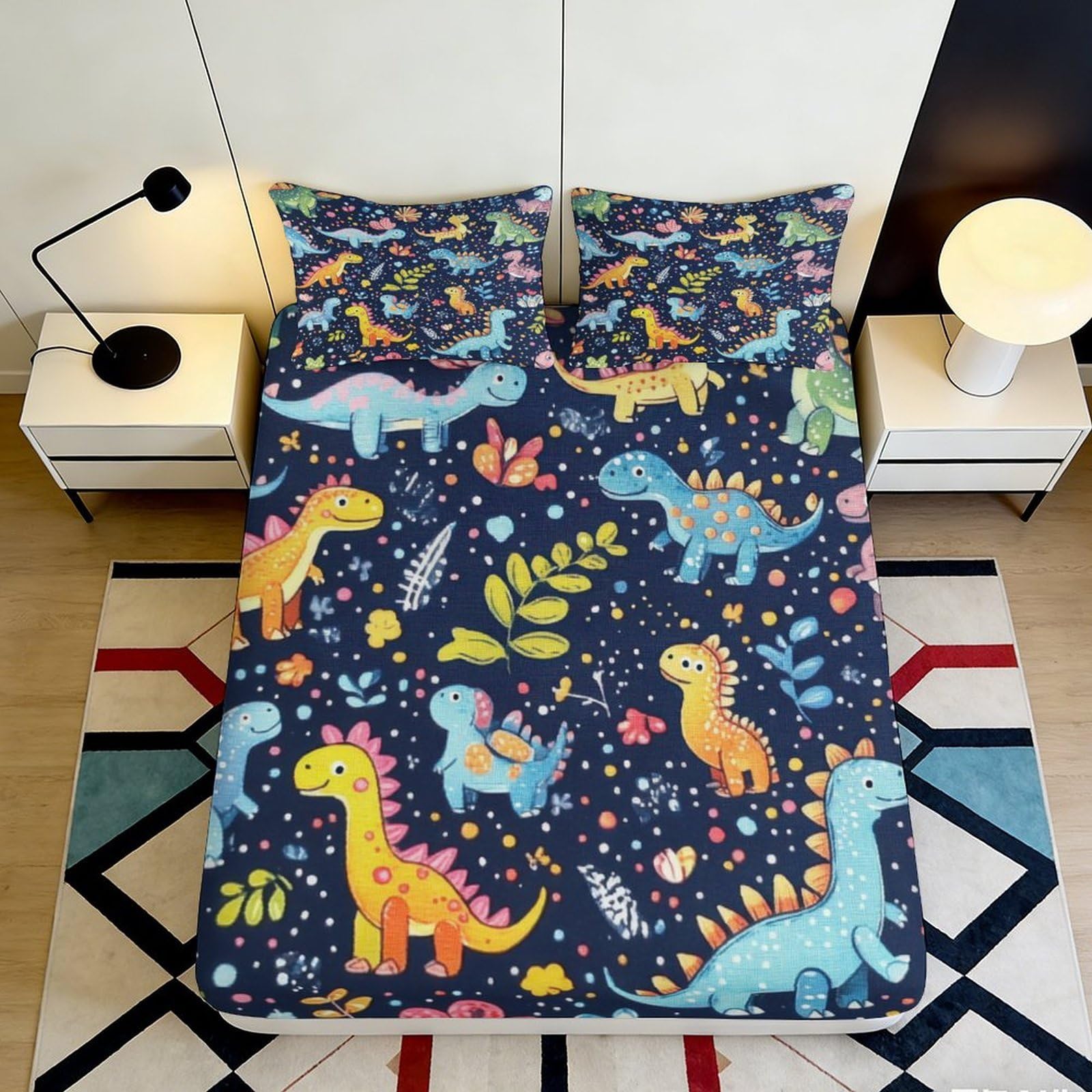 3D Printed Cartoon Dinosaur Fitted Sheet Microfiber Anti-Slip Blue Colorful Jurassic Mattress Cover Bedroom Decor 120x200x25cm