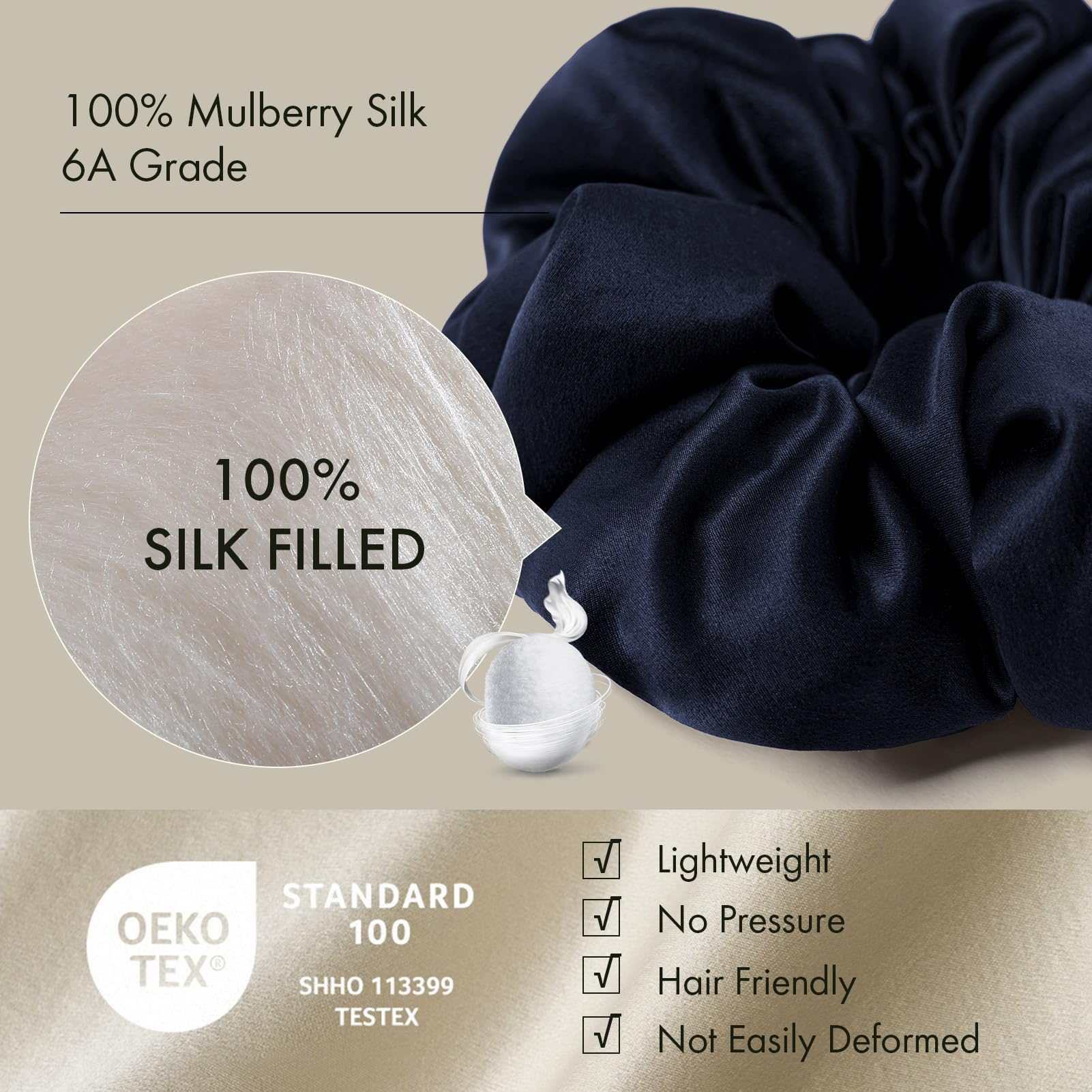 LILYSILK Women's 100% Mulberry Silk Big Hair Scrunchies Ladies Pure Silk Filled Giant XL Ponytail Holder Oversized Elastic Hair Tie Band Large Jumbo Hair Bobble for Breakage Prevention Navy Blue - Image 3