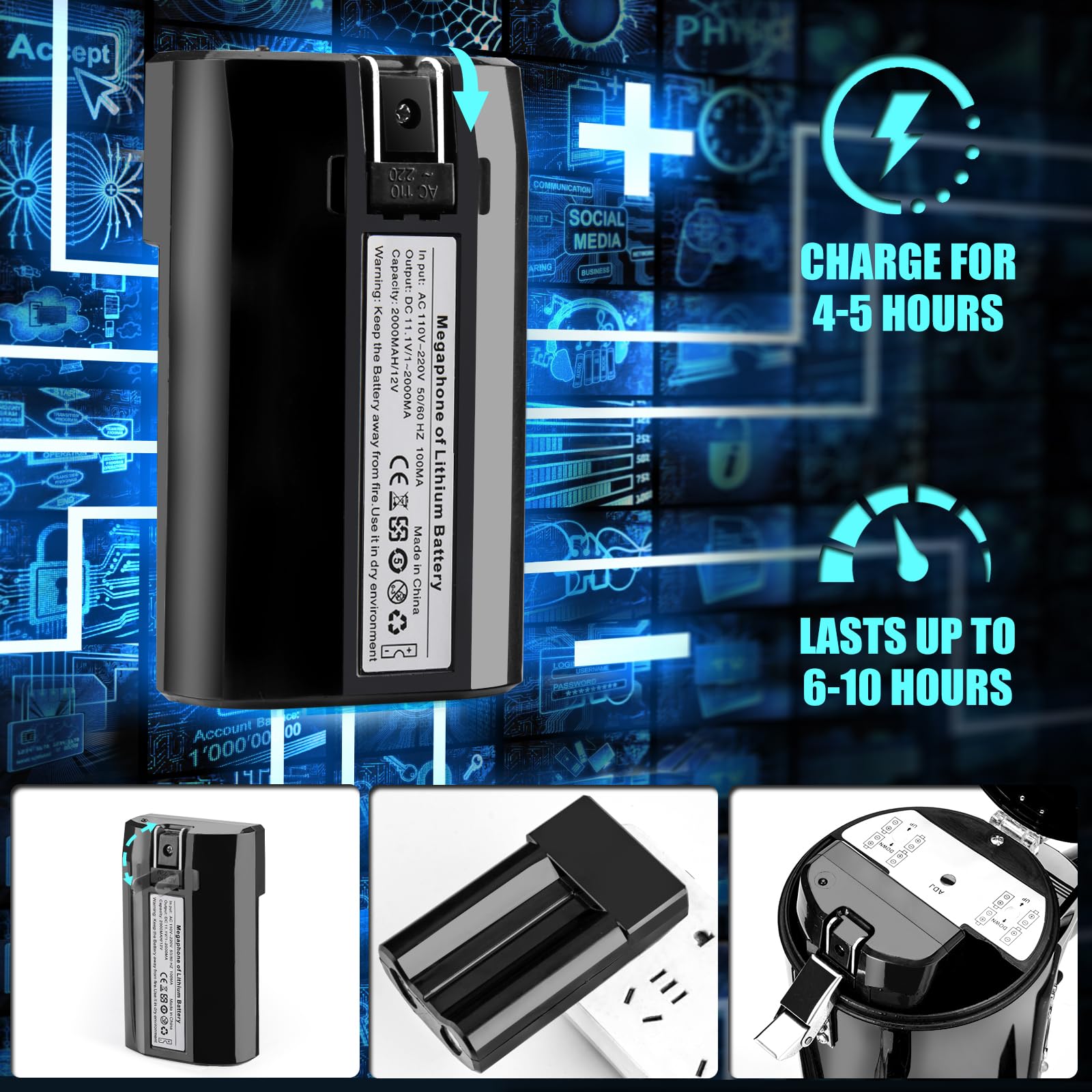 Megáfono megáfono recargable de 50 W, altavoz compatible con Bluetooth, USB, SD, entrada AUX, sirena y grabación integradas, tamaño delgado para policía, exteriores y animadoras (negro)