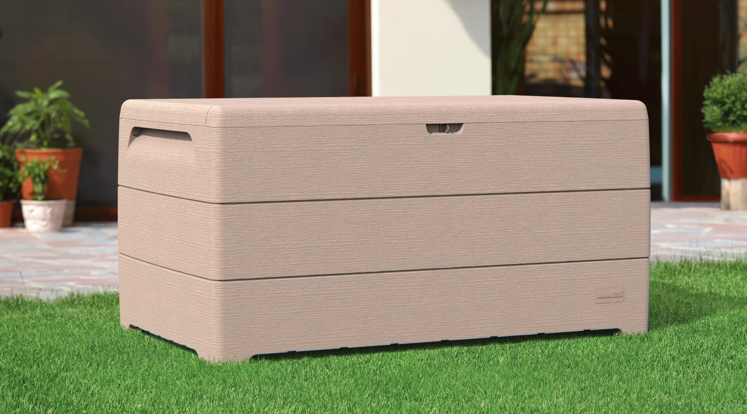Duramax Cedargrain Durabox 270 Litri/ 71 Galloni Baule da Giardino, Cassapanca Contenitore da Esterno in plastica con ruote e maniglie, Scatole Per Esterni, Tortora caldo, 55.7 x 45.3 x 117.2 cm