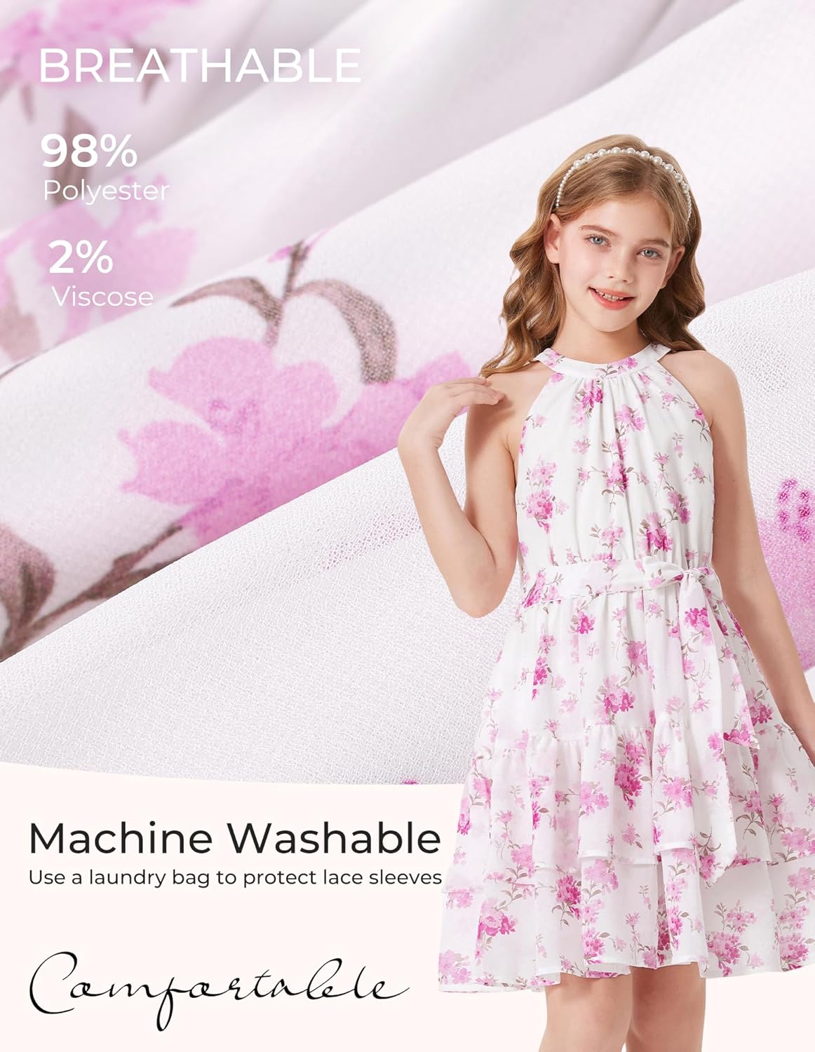 GRACE KARIN Girls Summer Beach Dress Floral Hawaiian Halter Chiffon Party Wedding Vacation Sundress 7-14Y - Image 4